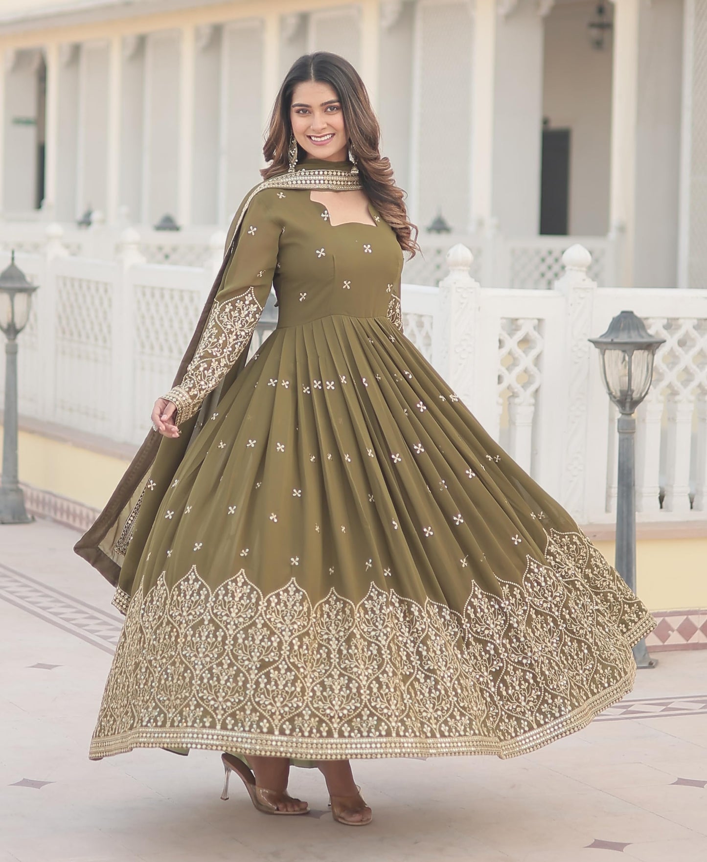 Fashion Basket Goergette Kurta with Duptta Olive