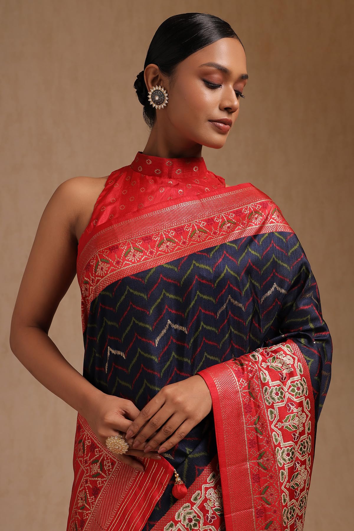 Soch Womens Navy Blue Dola Silk Chevron Saree