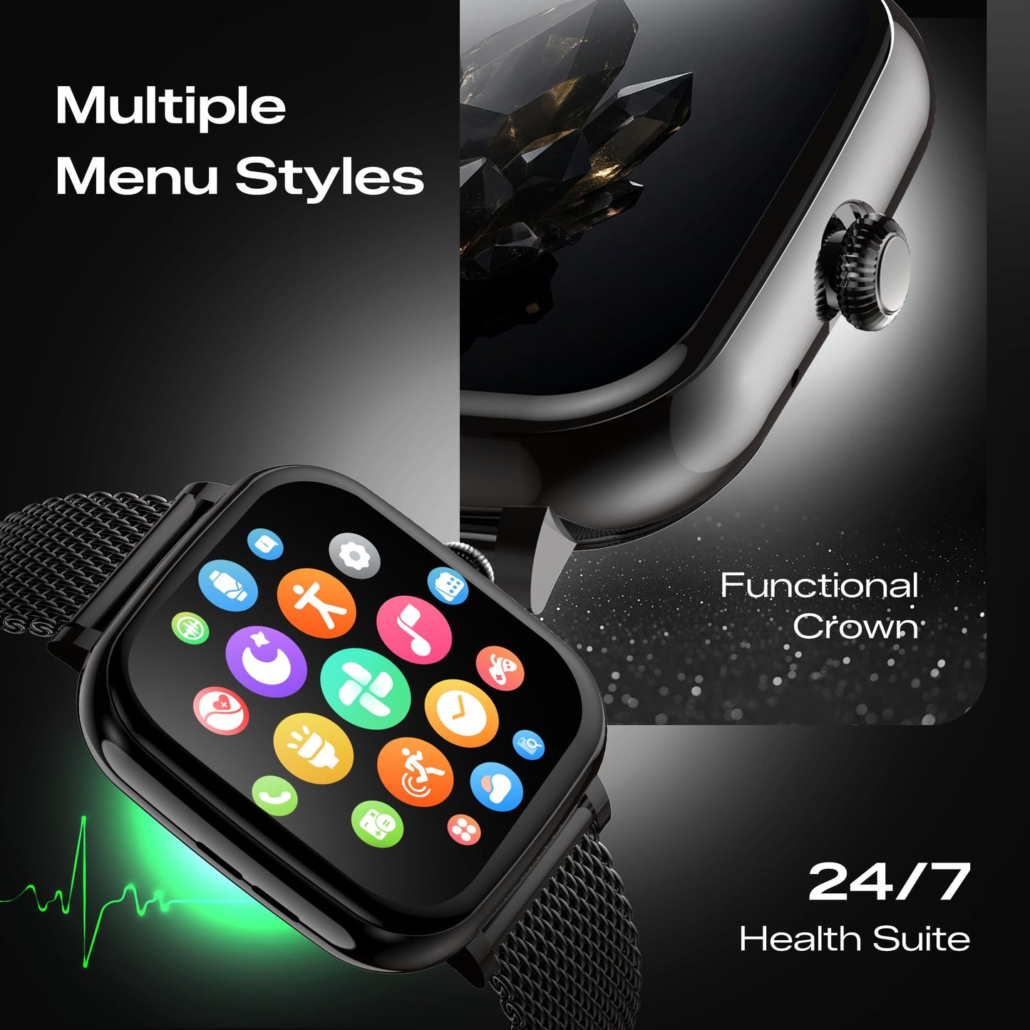 Fastrack Noir Rizz Women Smart Watch with 1.72" inch Ultra HD Display,Womens Health,AI Watchface & AI Chat,Functional Crown,24/7 Health Suite,BT Calling,IP68,Additional Silicone Strap,Games - Black