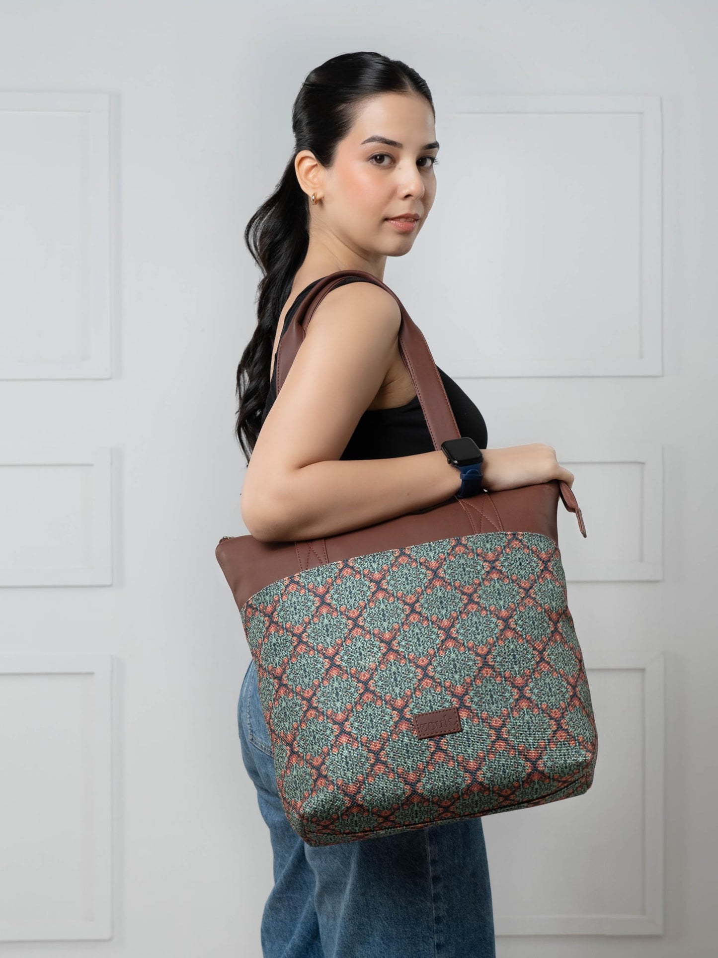 ZOUK Kolkata Nouveau Motif Printed Women's Jute Handcrafted Vegan Leather Multicolor Everyday Tote