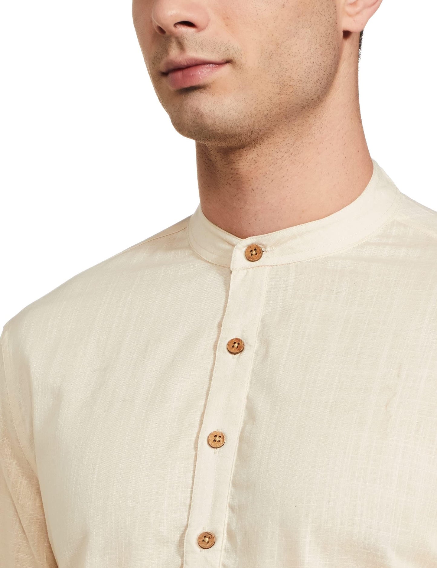 Amazon Brand - Symbol Men's Cotton Solid Long Kurta (Regular Fit) (SYMETHLKUR-1_Brazilian Sand_XL)