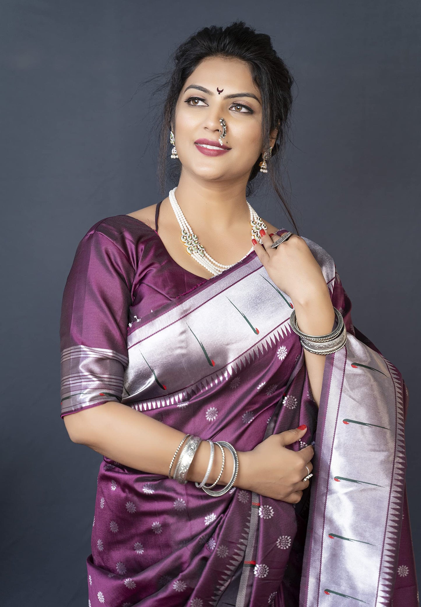 AMIRAT Women's Litchi Silk Paithani Saree and Unstitched Blouse Piece | Saree Blouse for Women | Wine
