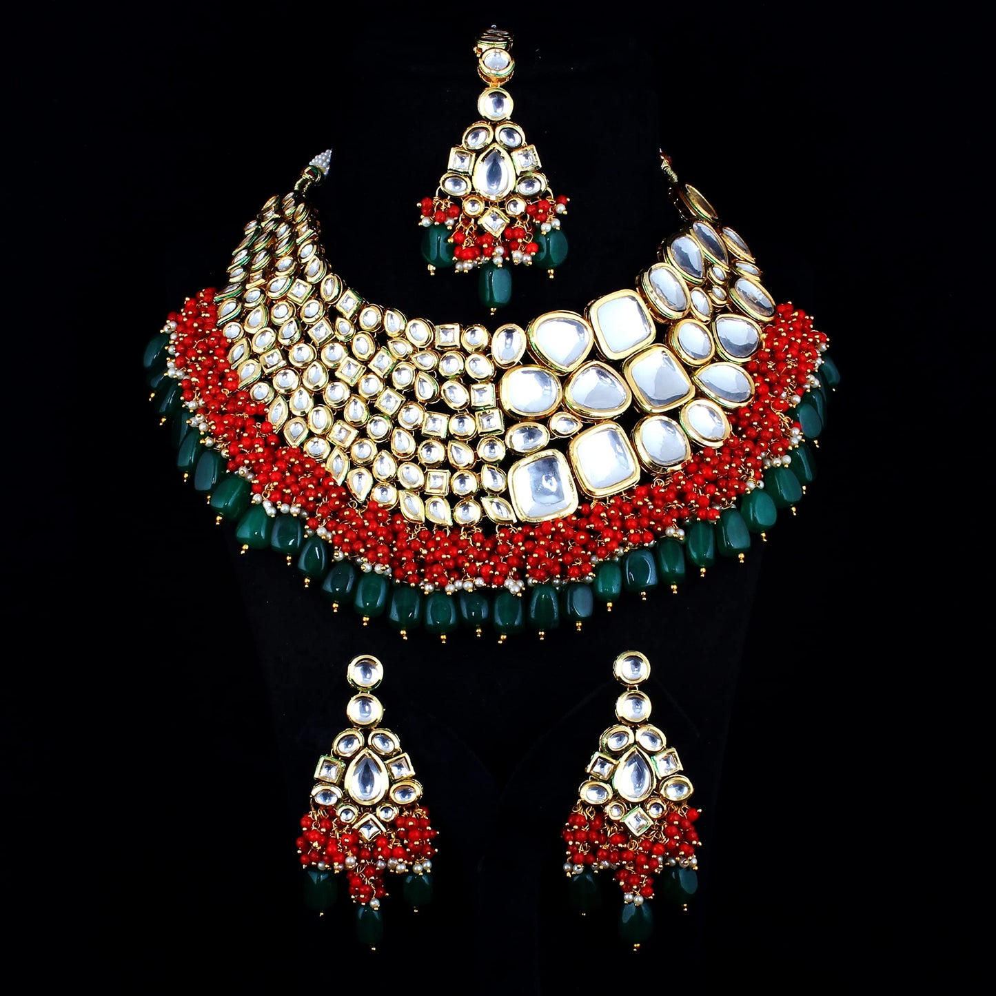 LUCKY JEWELLERY Back Meenakari 18k Gold Plated Multicolor Color Tika Earring Combo Jewellery Set Uncut Big Faux Kundan Dibbi Kundan Choker Necklace Set for Girl's & Women