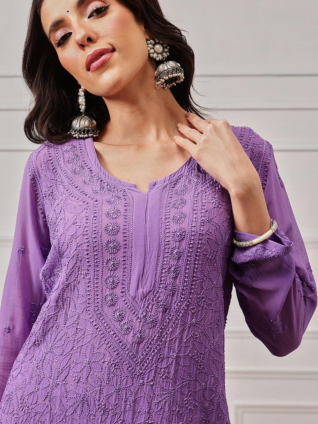 Ada Hand Embroidered Lucknowi Chikankari Viscose Georgette Kurta Kurti for Women A411332 Mauve (3XL)