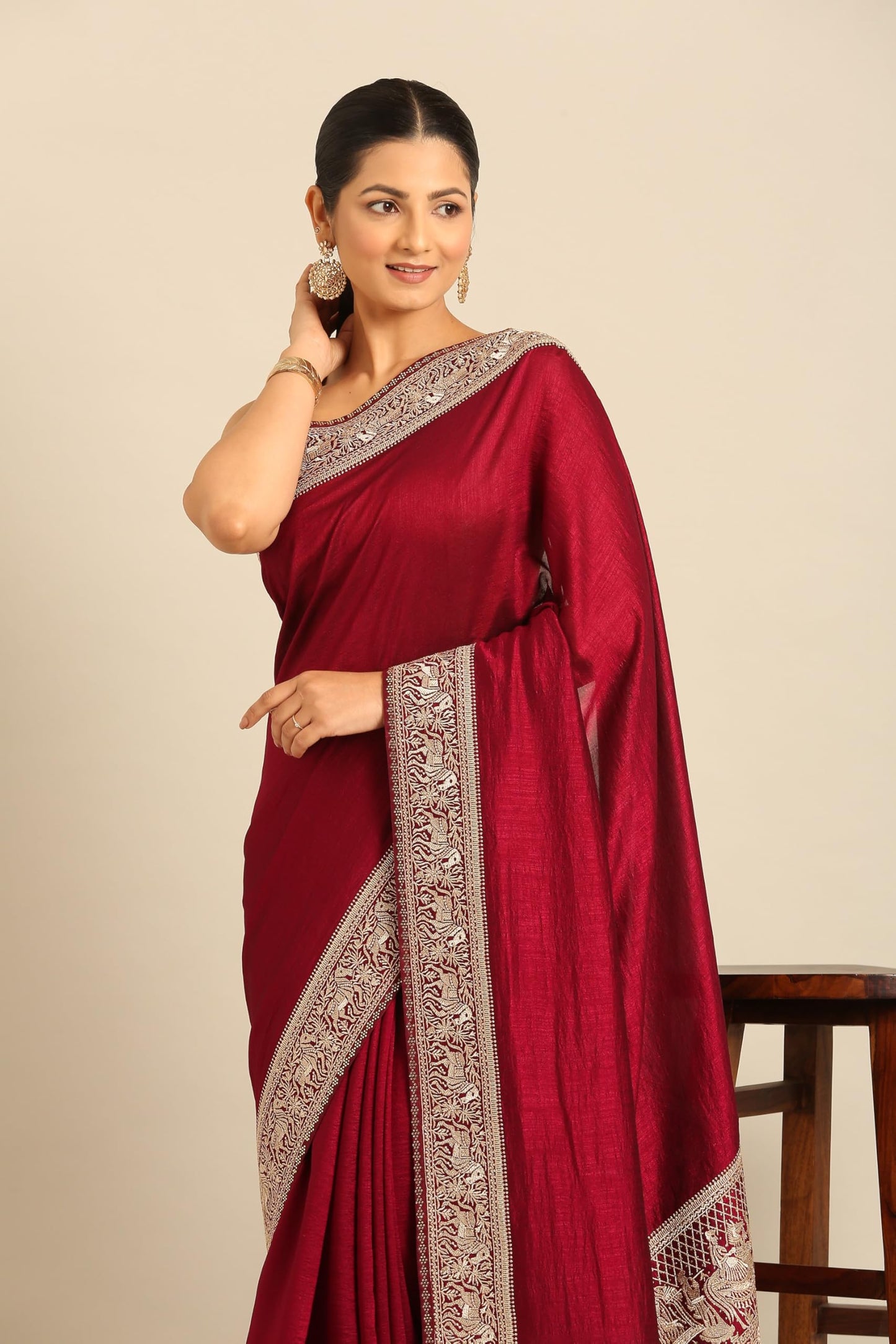 MOHEY Women's Wine Chiffon Embroidered|Zari Saree
