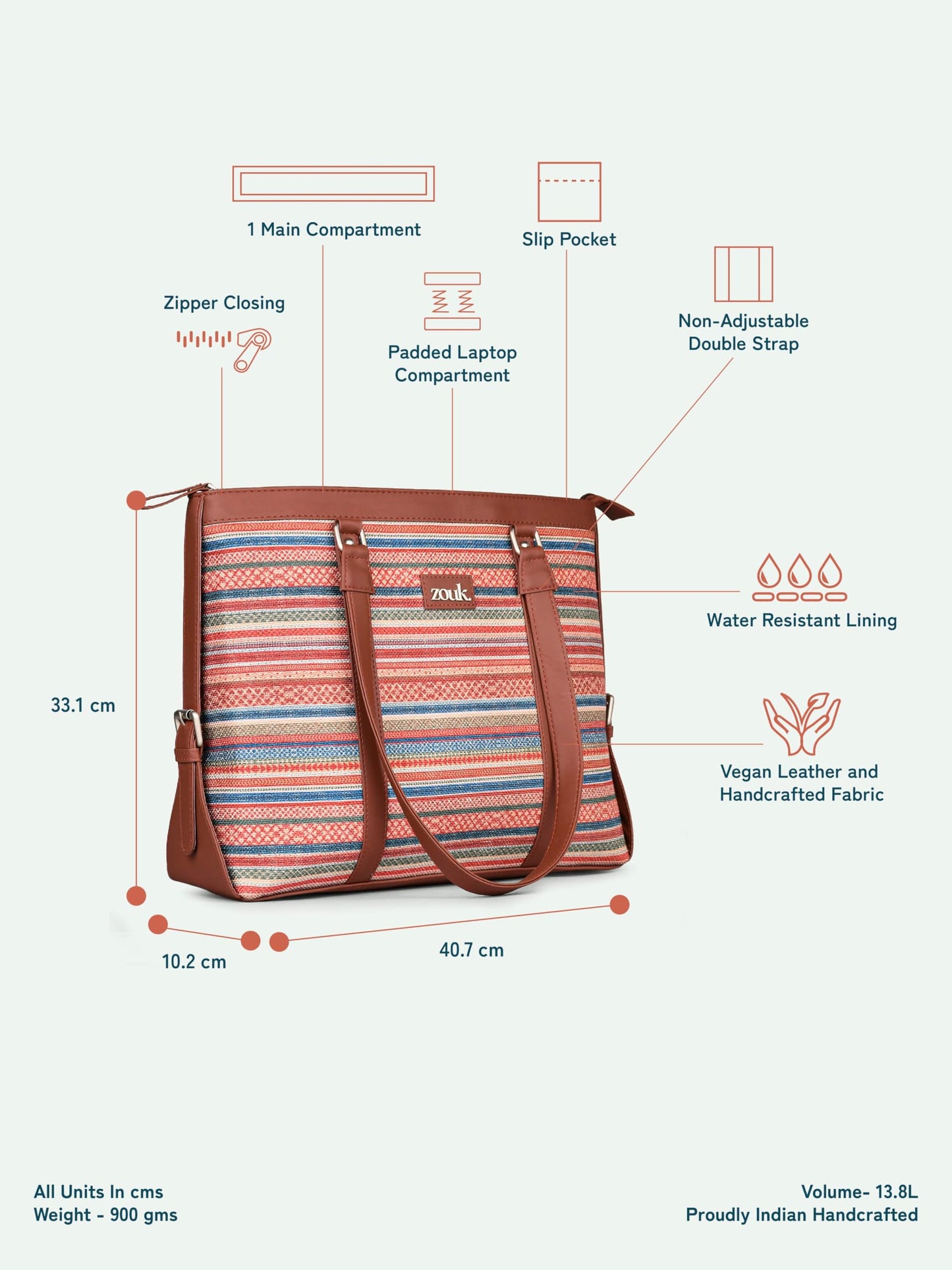 ZOUK Women's Office Bag With External Pocket and Double Handles Shoulder Strap | Assam Tapestry