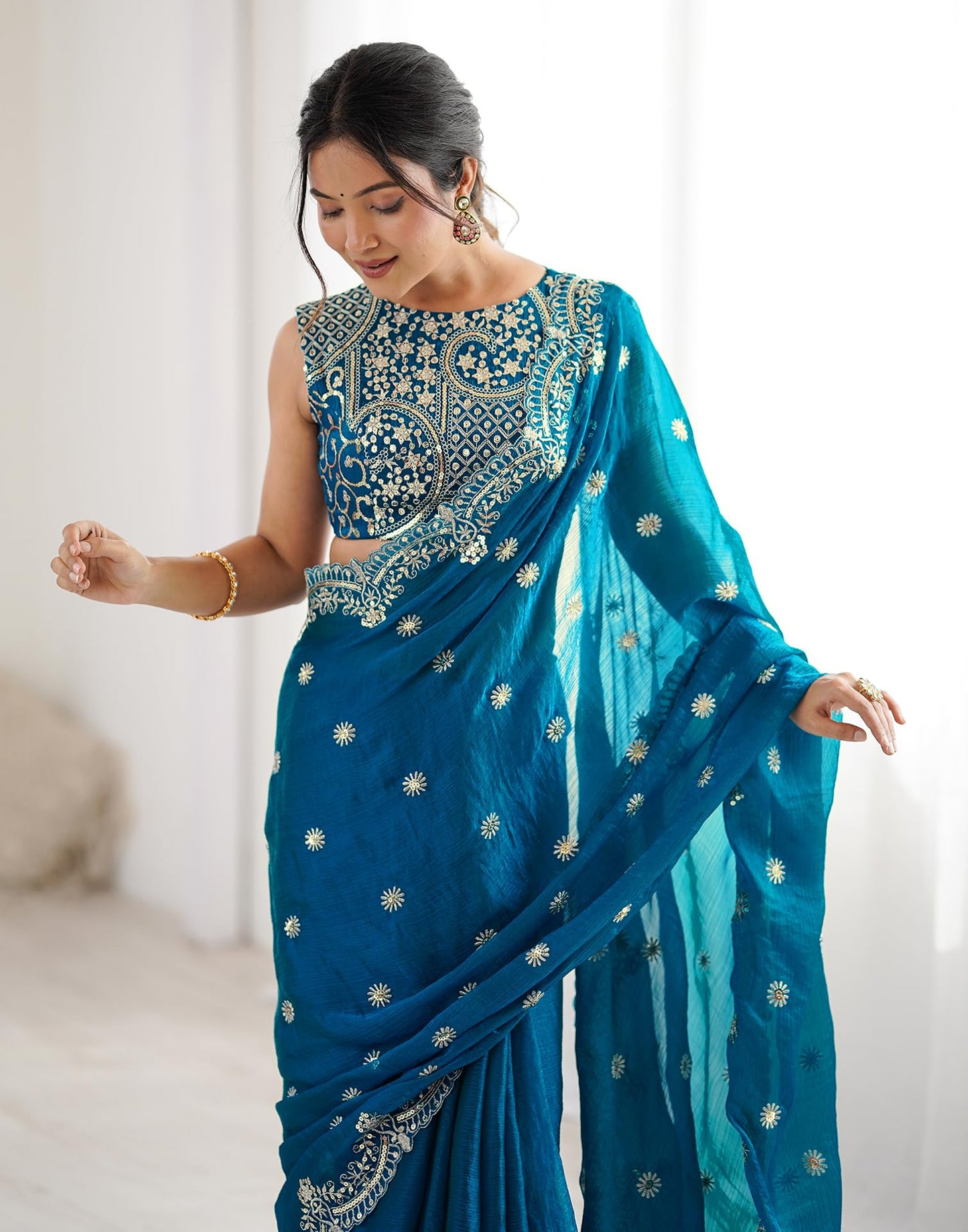 SIRIL Women's Sequence Embroidery Chiffon Saree With Unstitched Blouse Pieces (4856S151-Blue)