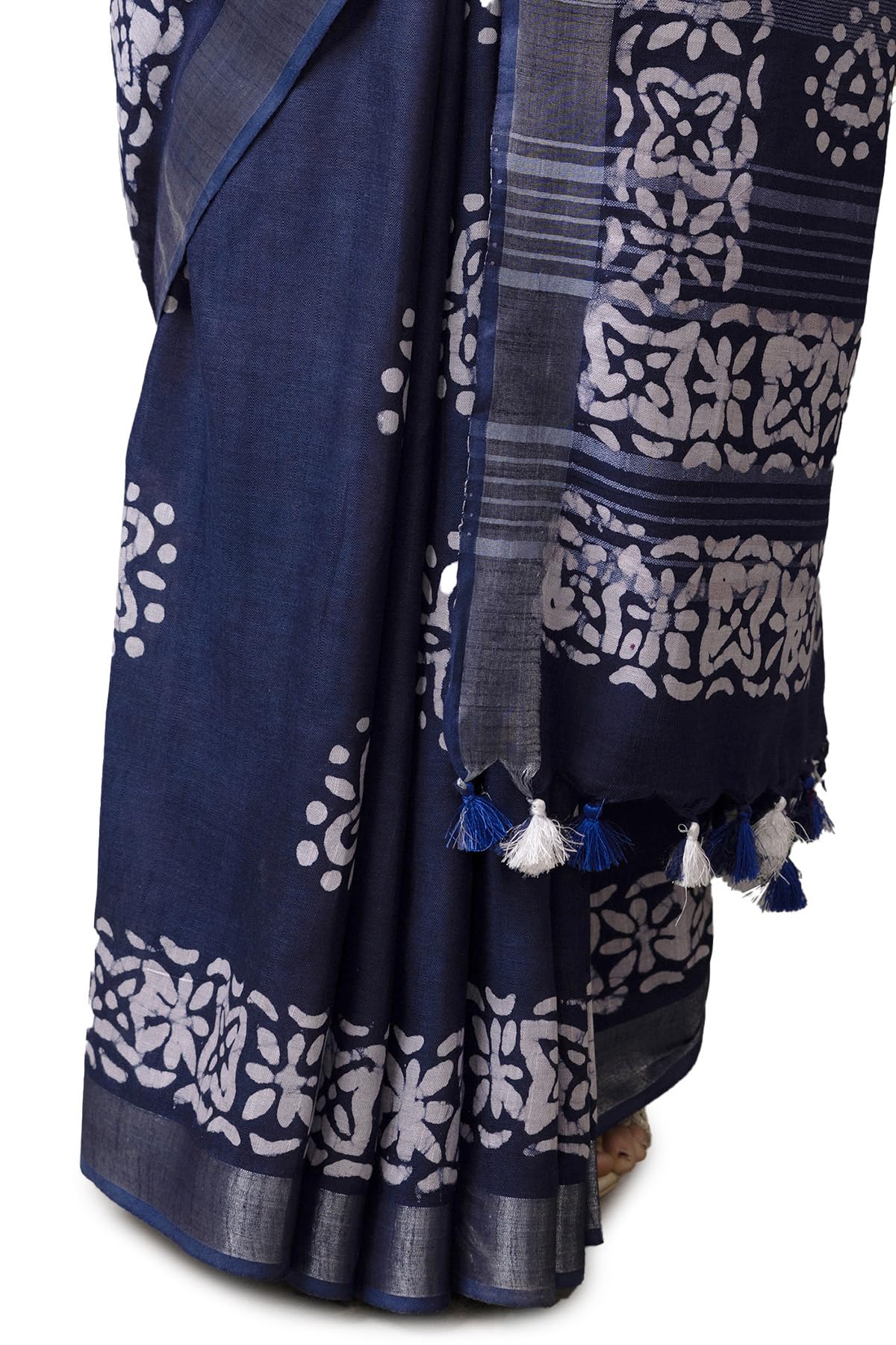 Soch Womens Navy Blue Linen Batik Print Saree With Tassels