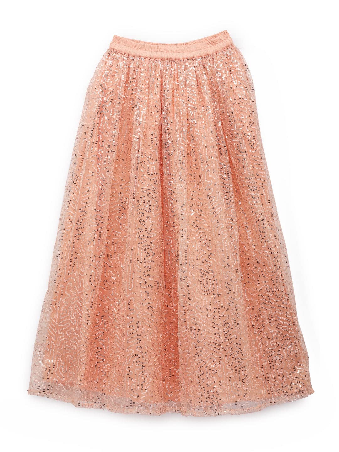 studio rasa Kids Girls Net Sequins Embroidered Gathered Skirt for Wedding Festive Party (GSC12204/3-4_Peach_3-4Y)