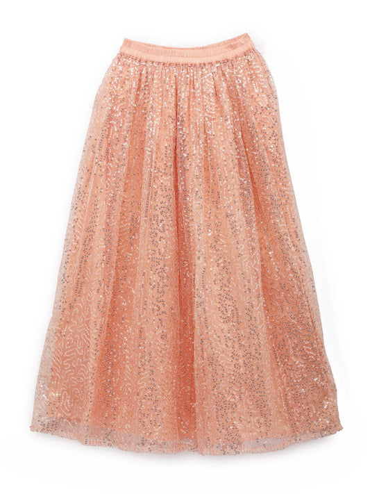 studio rasa Kids Girls Net Sequins Embroidered Gathered Skirt for Wedding Festive Party (GSC12204/3-4_Peach_3-4Y)