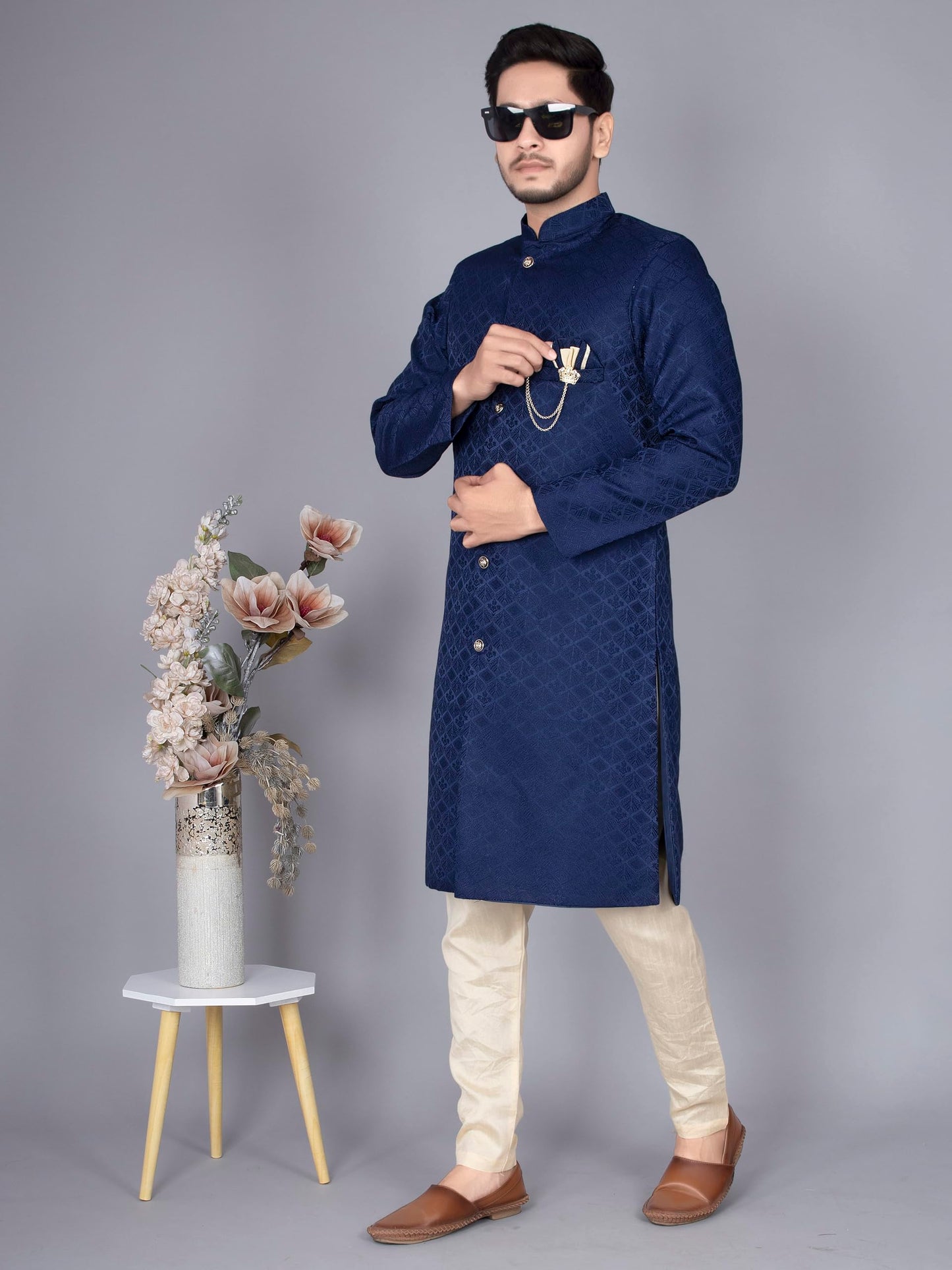 XEPON Indo Western Sherwani Set For Men (XL, Blue)