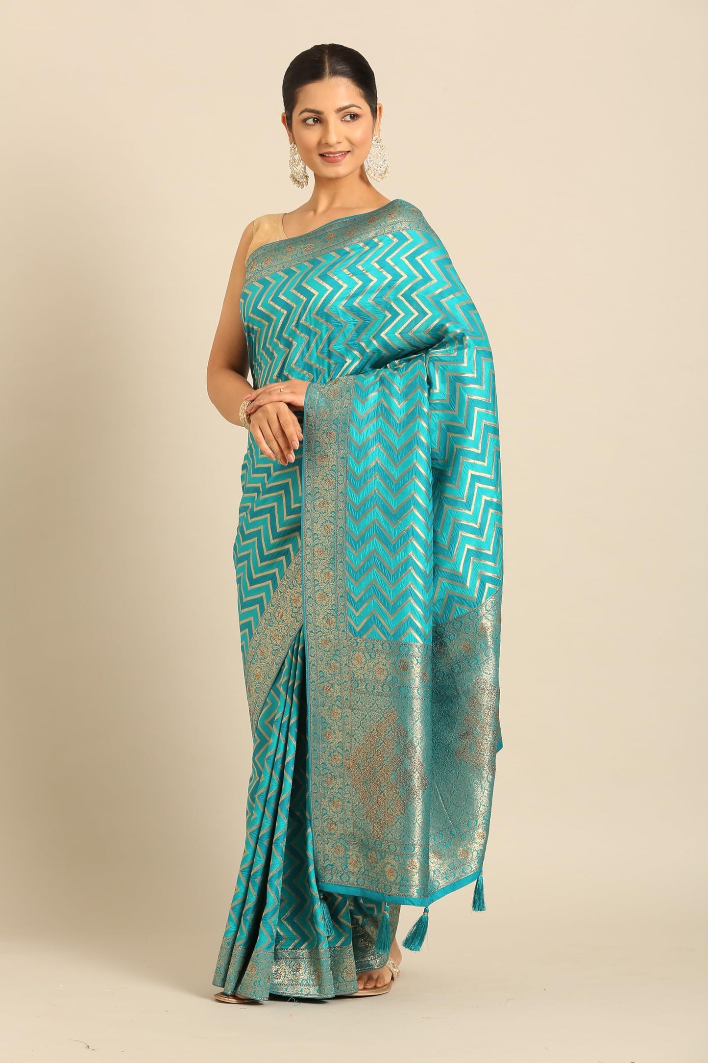 MOHEY Women's Blue Art Silk Embroidered|Zari Weave Saree