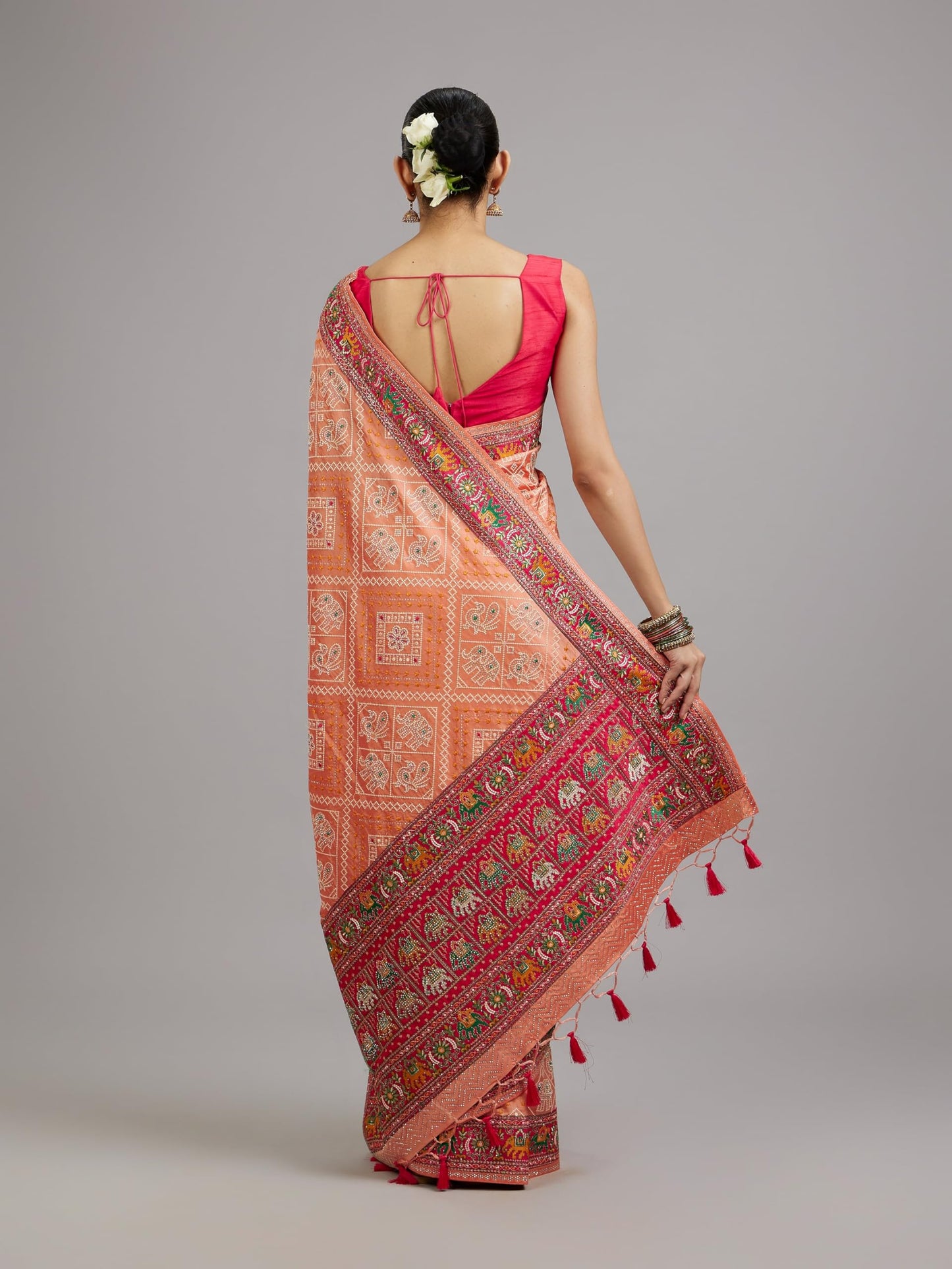 MOHEY Women's Art Silk Thread Work Tribal Design Saree with Blouse Piece(Peach)