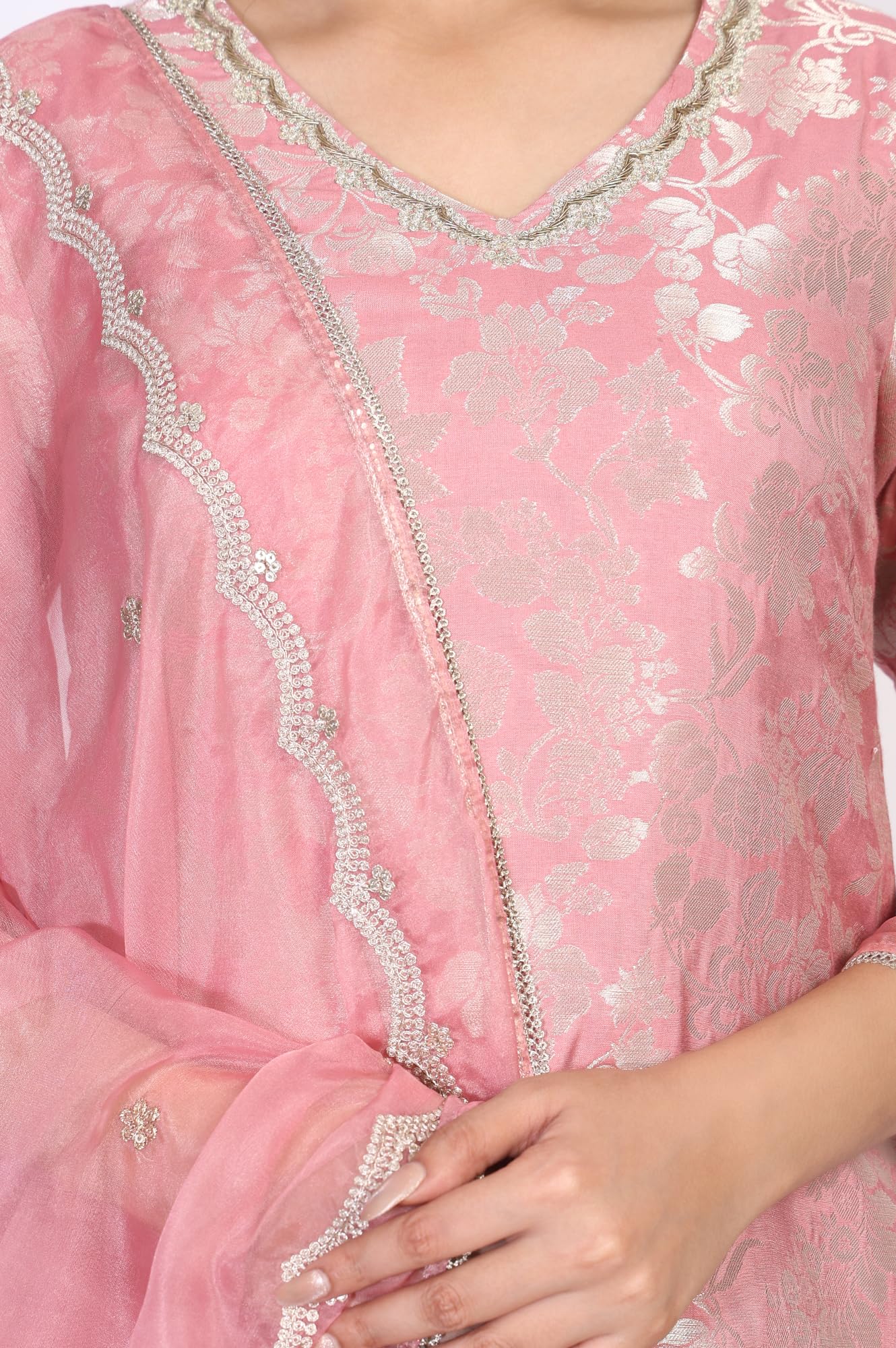 W for Woman Pink Self Design Jacquard Zari Work Straight Kurta with Sharara and Dupatta Set (WS13228-314309-2XL)