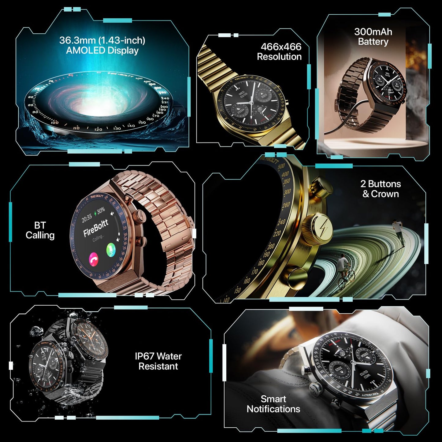 Fire-Boltt Spacewatch 36.3mm (1.43 inch) AMOLED Display, Wireless Charging, Metallic Frame, Stainless Steel Luxury Straps, Complete Health Suite, Bluetooth Calling, Sports Modes
