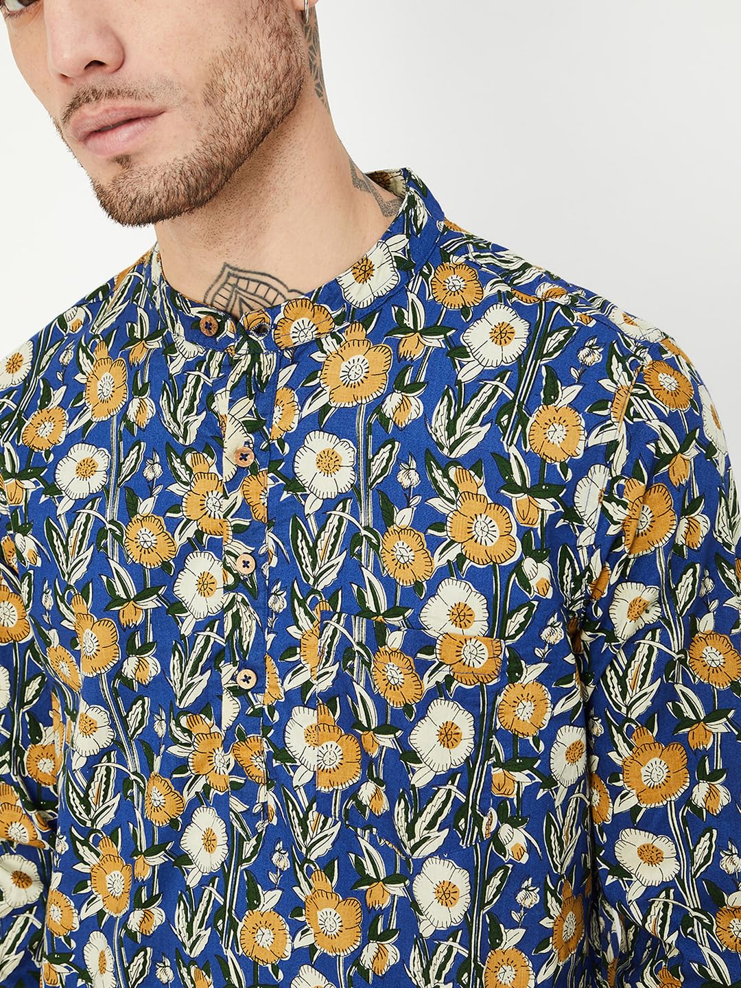 Men Printed Short Kurta, Blue, L