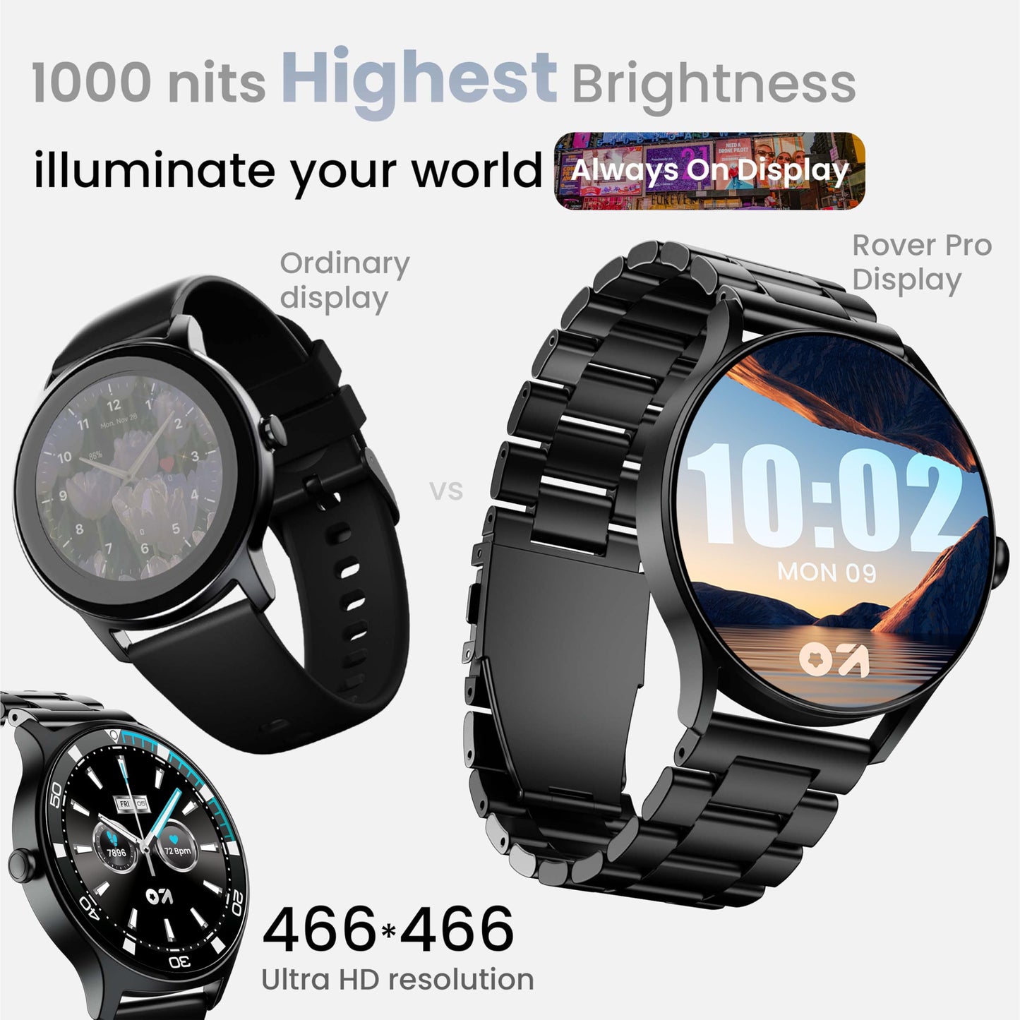 GOBOULT Rover Pro Smart Watch 1.43'' AMOLED, Free Straps, Bluetooth Calling, IP68, Zinc Alloy Frame, 1000 Nits Brightness, AI Voice Assistant, SpO2, 120+ Sports Mode Smartwatch (Metal Black)