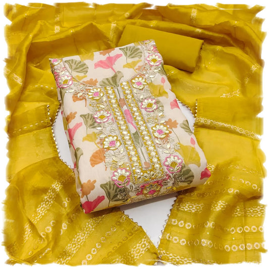 Leeli Peeri Designer Women's Simmer Silk Embroidery Work Printed Unstitched Salwar Suit Dress Material