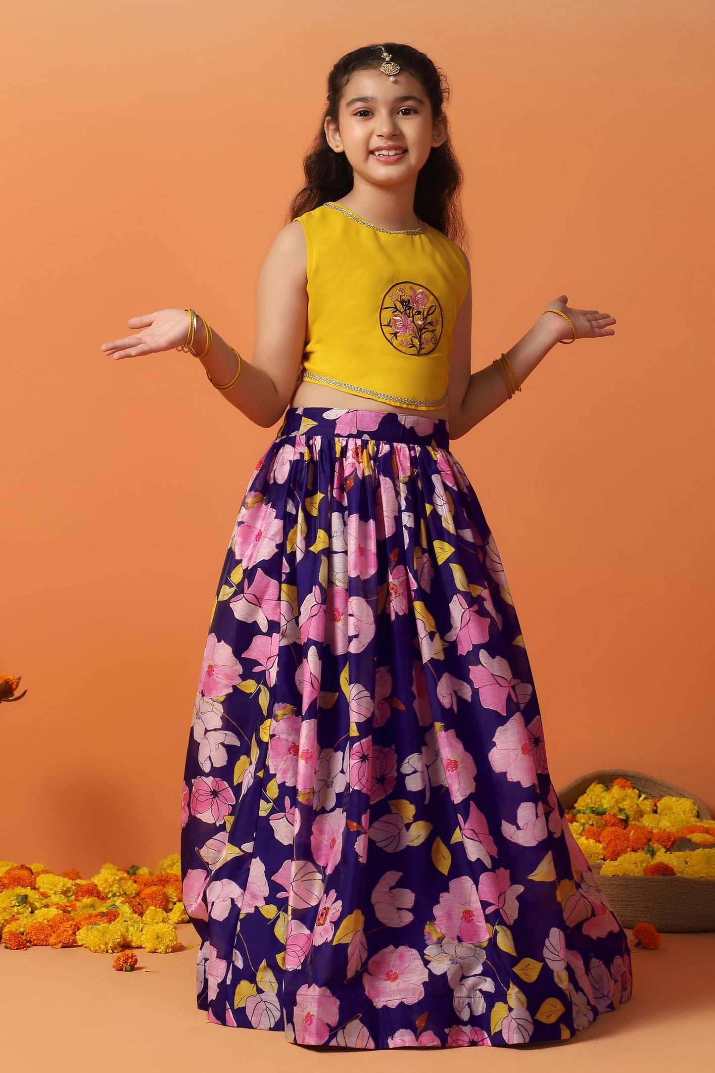 Fashion Dream Girl's Chanderi Silk Printed Lehenga Choli Set|Lehenga Set for Girls|Ethnic Wear for Kids Girls|Lehenga for Kids|Chaniya Choli for Girls (FDGLGC00178 MST 18_Mustard_2-3 Years)