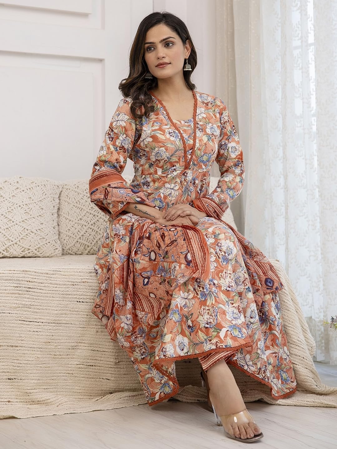 PARTHVI Women's Printed Cotton Anarkali Kurta and Pant with Dupatta Set (6X-Large Peach)