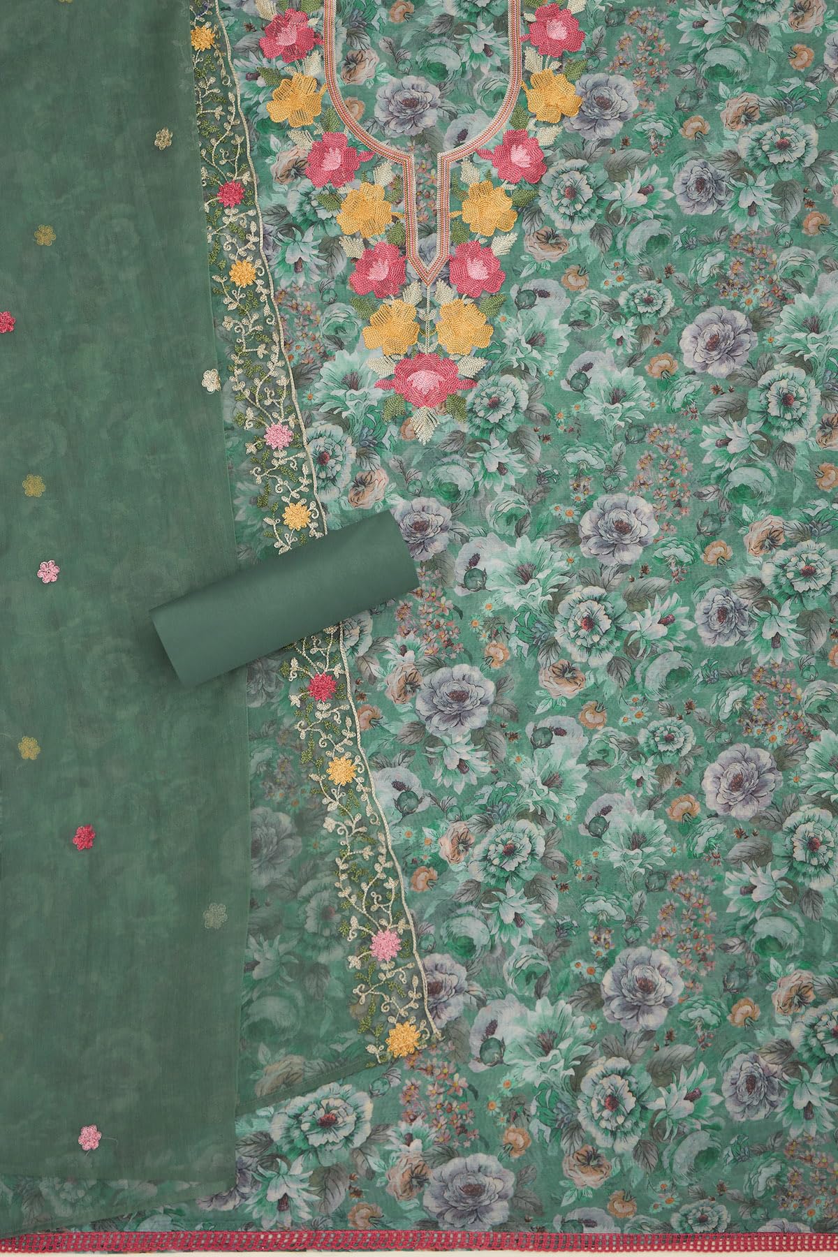 Soch Womens Green Chanderi Floral Print Unstitch Dress Material With Thread Work