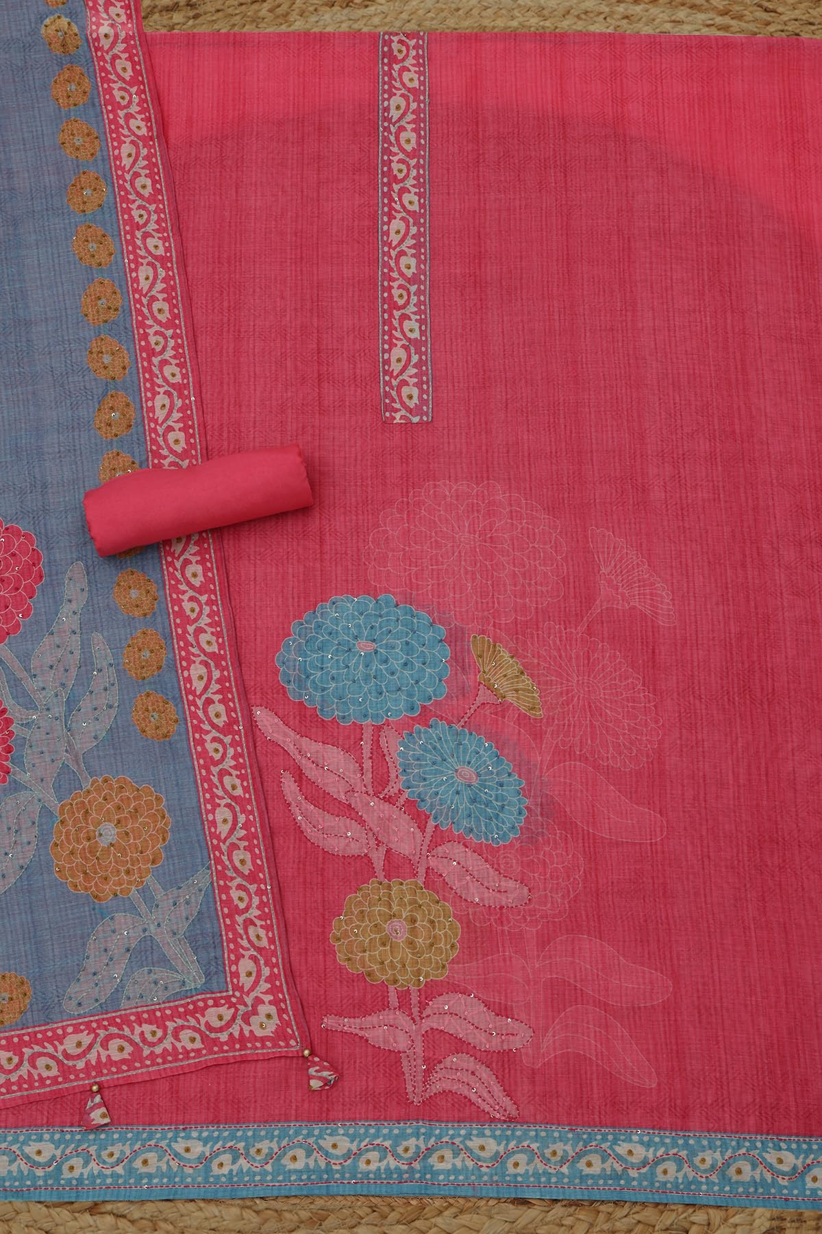Soch Womens Pink Chanderi Floral Dress Material With Sequins