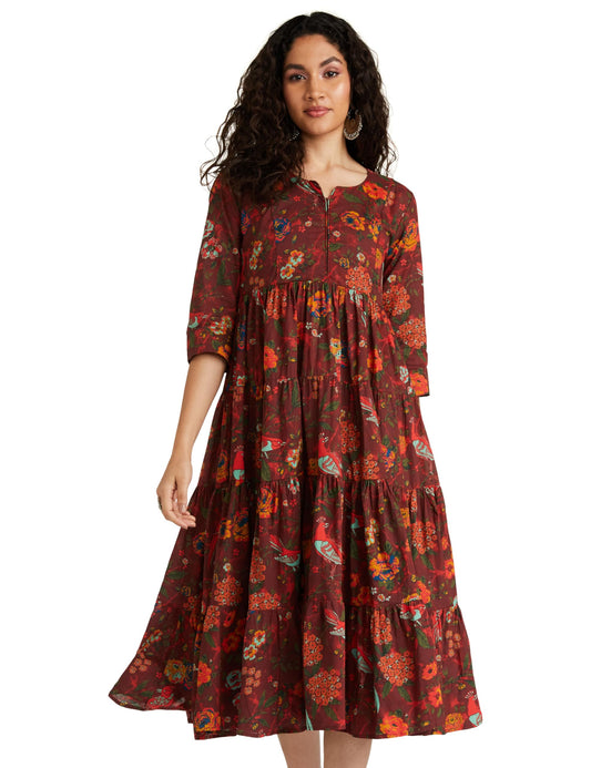 BIBA Women Printed Flared Mix and Match Ankle Length Fit and Flare Dress (Fusassorted1303E_Maroon_38)