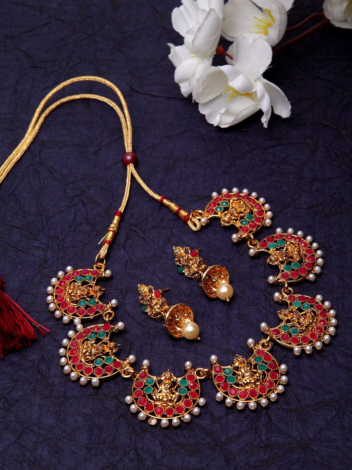 Shining Diva Fashion Latest Temple Design Necklace Set for Women Traditional Choker Gold Plated Jewellery Set for Women (Multicolor) (10653s)