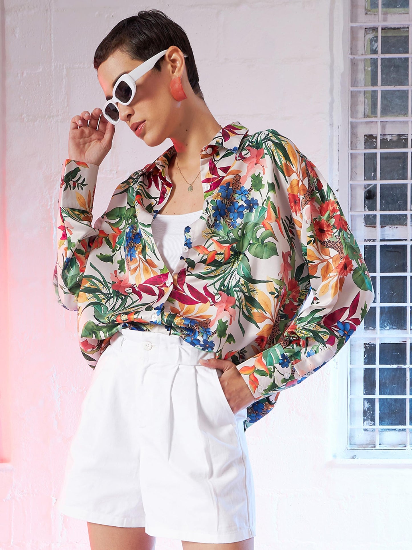 SASSAFRAS Beige Satin Floral Oversized Shirt