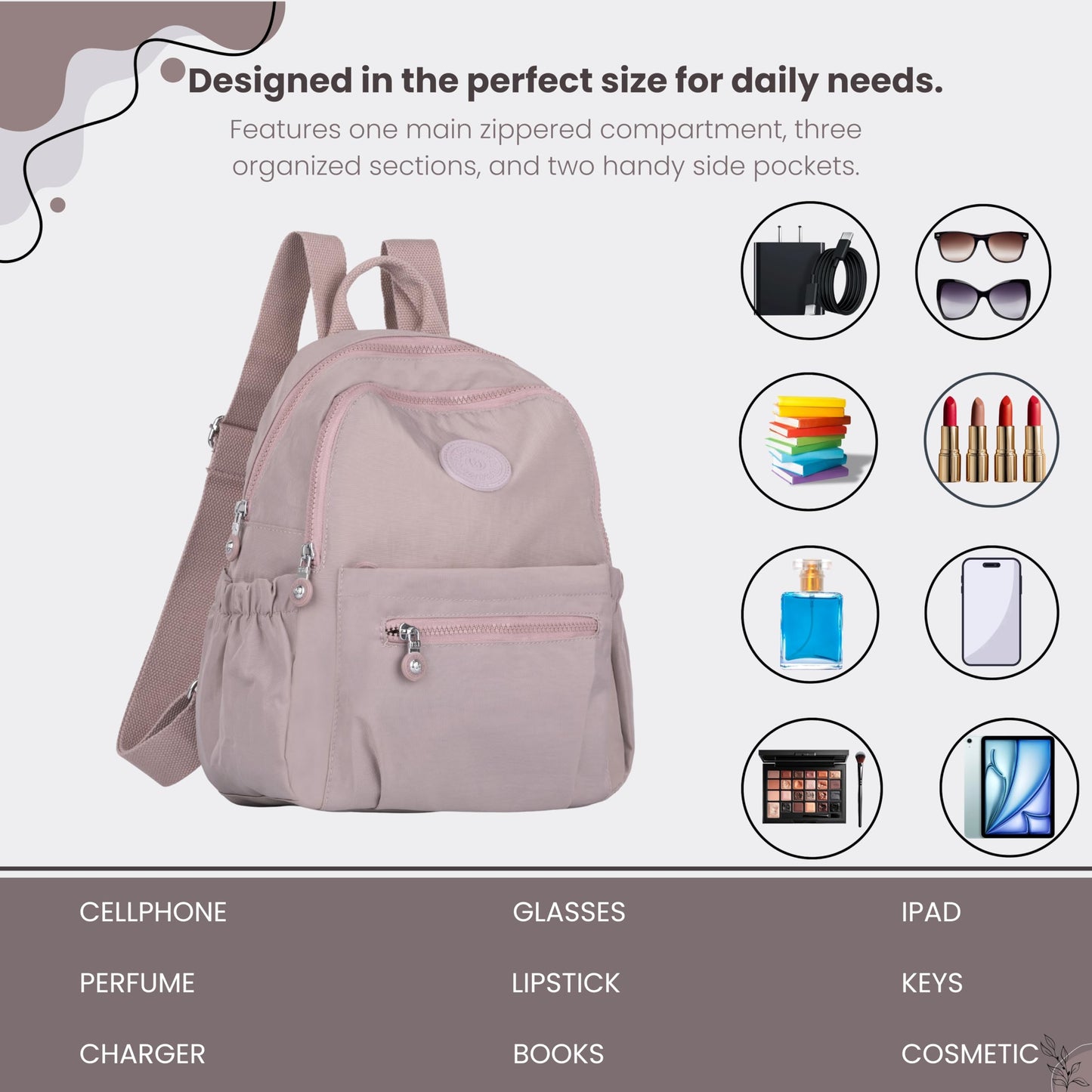 TS WITH TECHSUN Stylish Women Mini Backpack | Lightweight Travel Small Nylon Bag with Multiple Pockets | Anti-Theft Zipper Pocket | Casual, Work, Office, Picnic Backpack for Girls & Ladies (Purple)