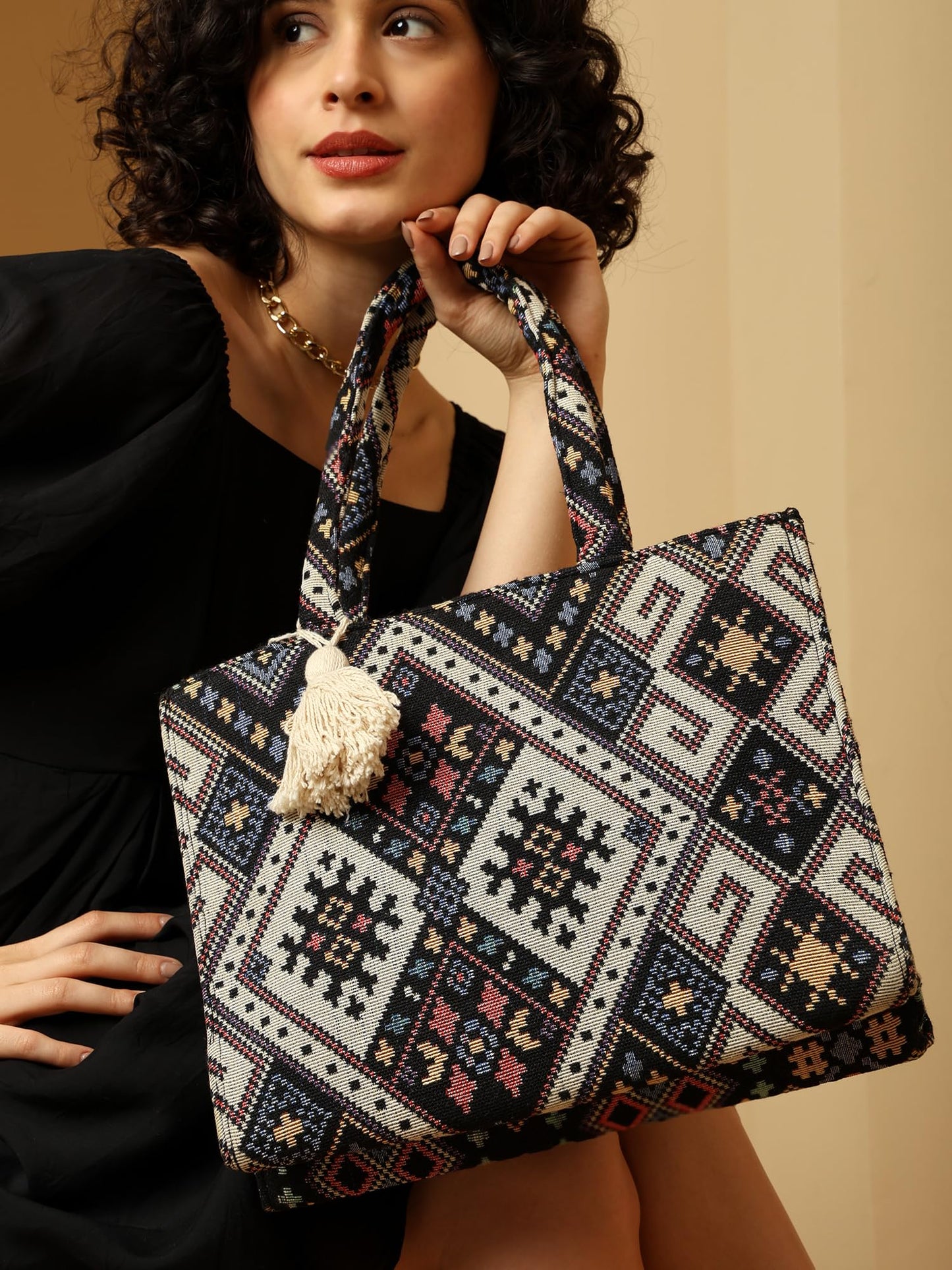 ENSAC Tote Bag for Women – Ethnic Embroidered Shoulder Bag with Tassel | Stylish Large Handbag for Office, College & Casual Outings