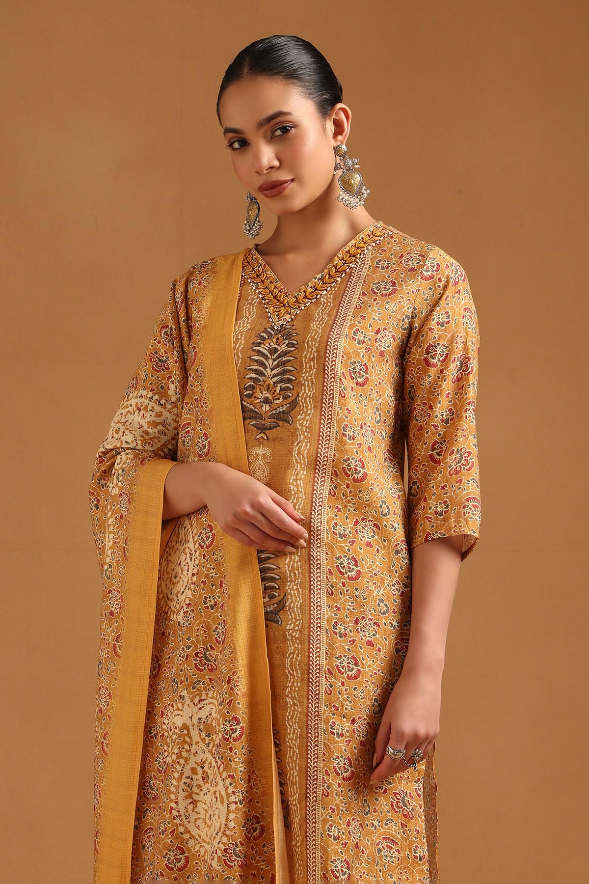 Soch Womens Mustard Viscose Blend Botanical Salwar Suit With Beads