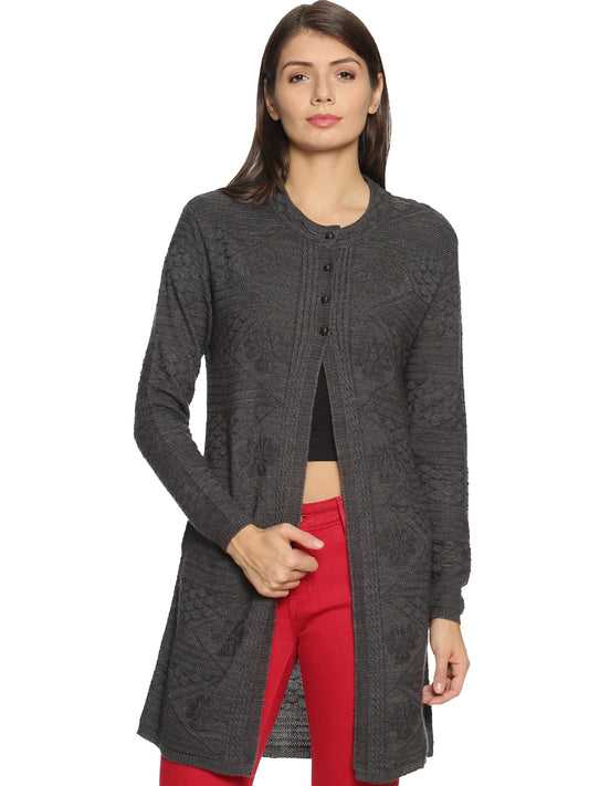 Clapton Winter WearWool Blend Round Neck Full Sleeve Button Self Design/Solid Long Shrug for Women-REXNV4001-MDGREY_L Grey