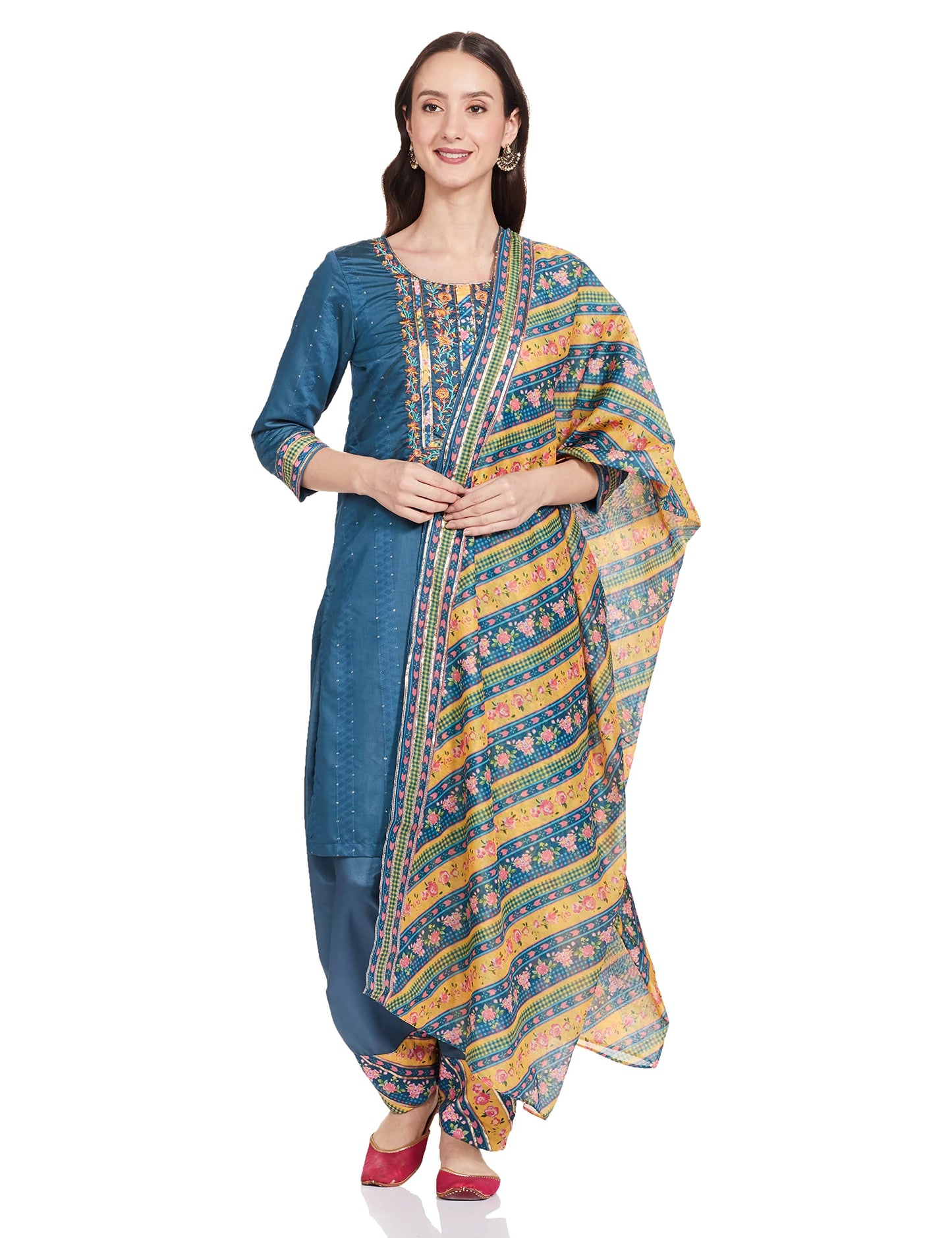 BIBA Women's Ethnic Blue Cotton Kurta Suit Set (Size_3XL)