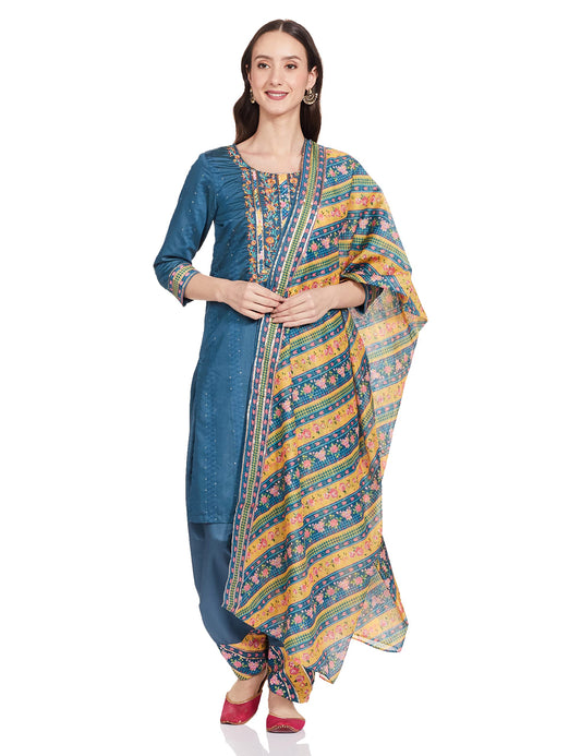 BIBA Women's Ethnic Blue Cotton Kurta Suit Set (Size_3XL)