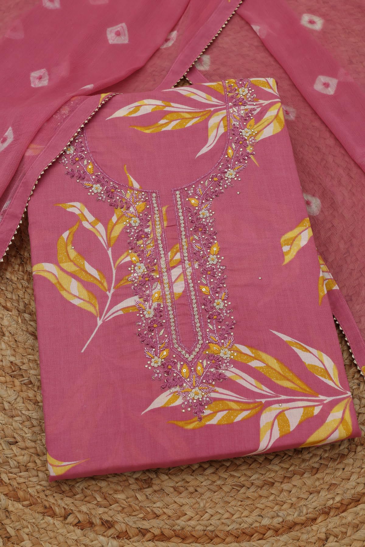 Soch Womens Pink Cotton Floral Dress Material With Beads