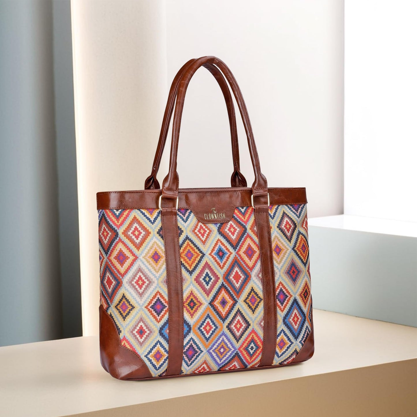 THE CLOWNFISH Miranda Series 15.6 inch Laptop Bag For Women Printed Handicraft Fabric & Faux Leather Office Bag Briefcase Hand Messenger bag Tote Shoulder Bag (Multicolour-Diamond)