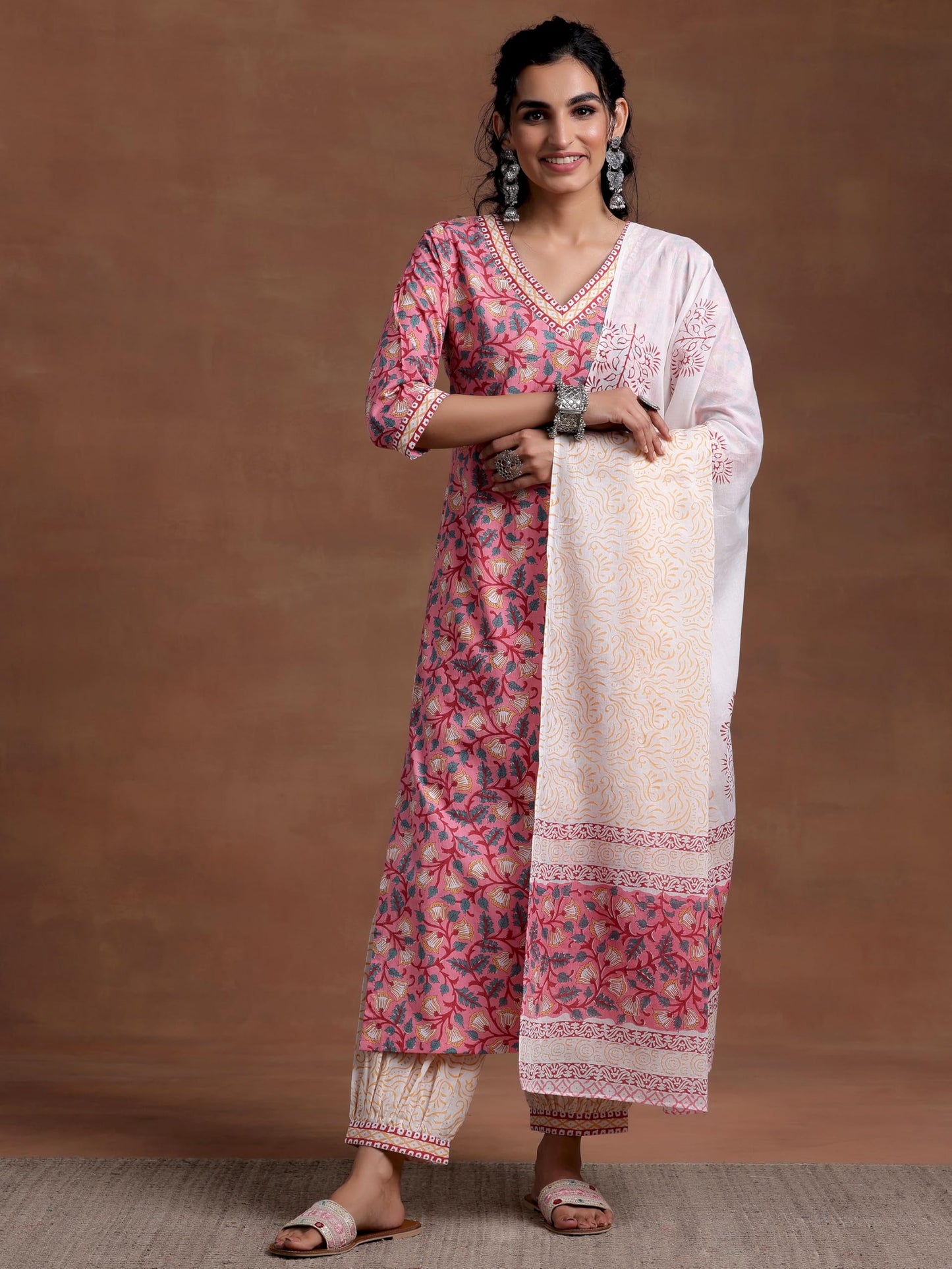 Libas Womens Printed Cotton Straight Kurta With Salwar and Dupatta