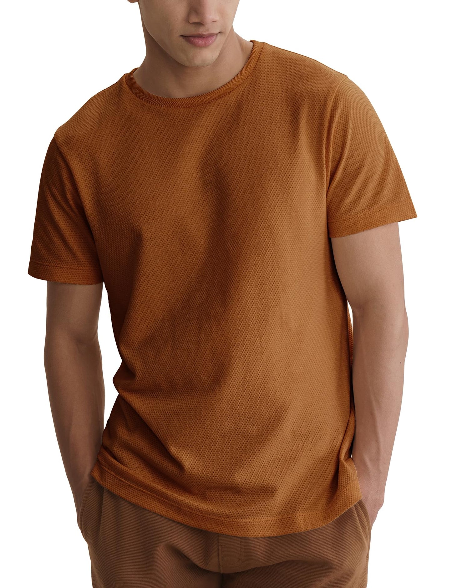 DAMENSCH Men Poly-Cotton Popcorn Textured Crew Casual T-Shirt-Pack of 1-Large Caramel Brown