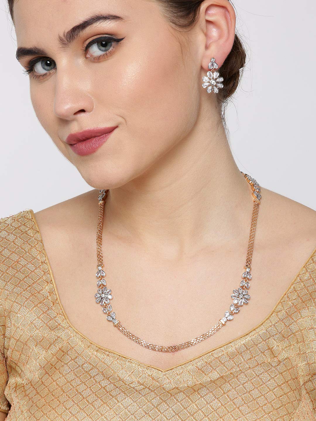 Priyaasi Sparkling Flower Jewellery Set for Women | Fancy Collection with Rose Gold Plating | Stylish American Diamond Jewellery Set with Earrings and Necklace