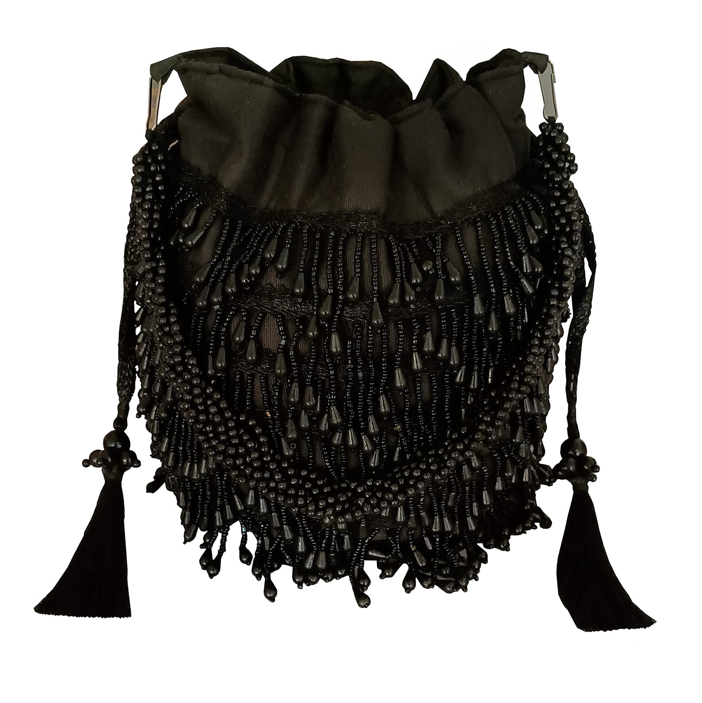 DUCHESS Women Black Beaded Tassel Fringes Potli Western Bag For Wedding (Black)