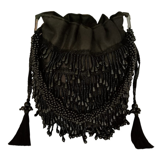 DUCHESS Women Black Beaded Tassel Fringes Potli Western Bag For Wedding (Black)