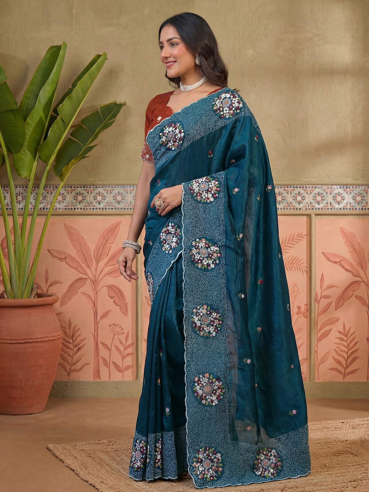 SIRIL Women's Crush Tissue Scalloped Border Embroidery Saree with Unstitched Blouse Piece (4978S231A_Teal Blue)