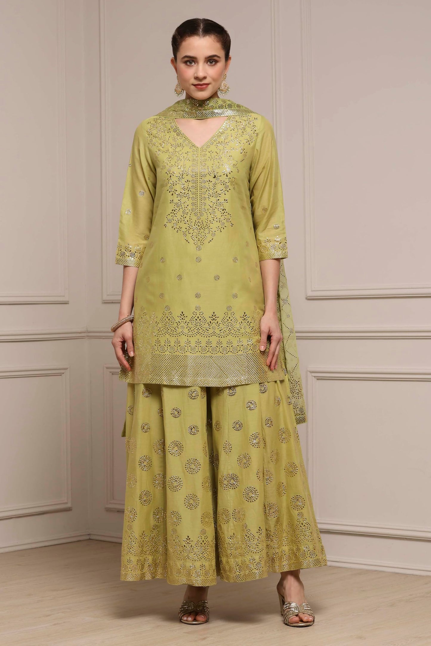 Biba Women Green Cotton Printed Sharara Suit Set_32