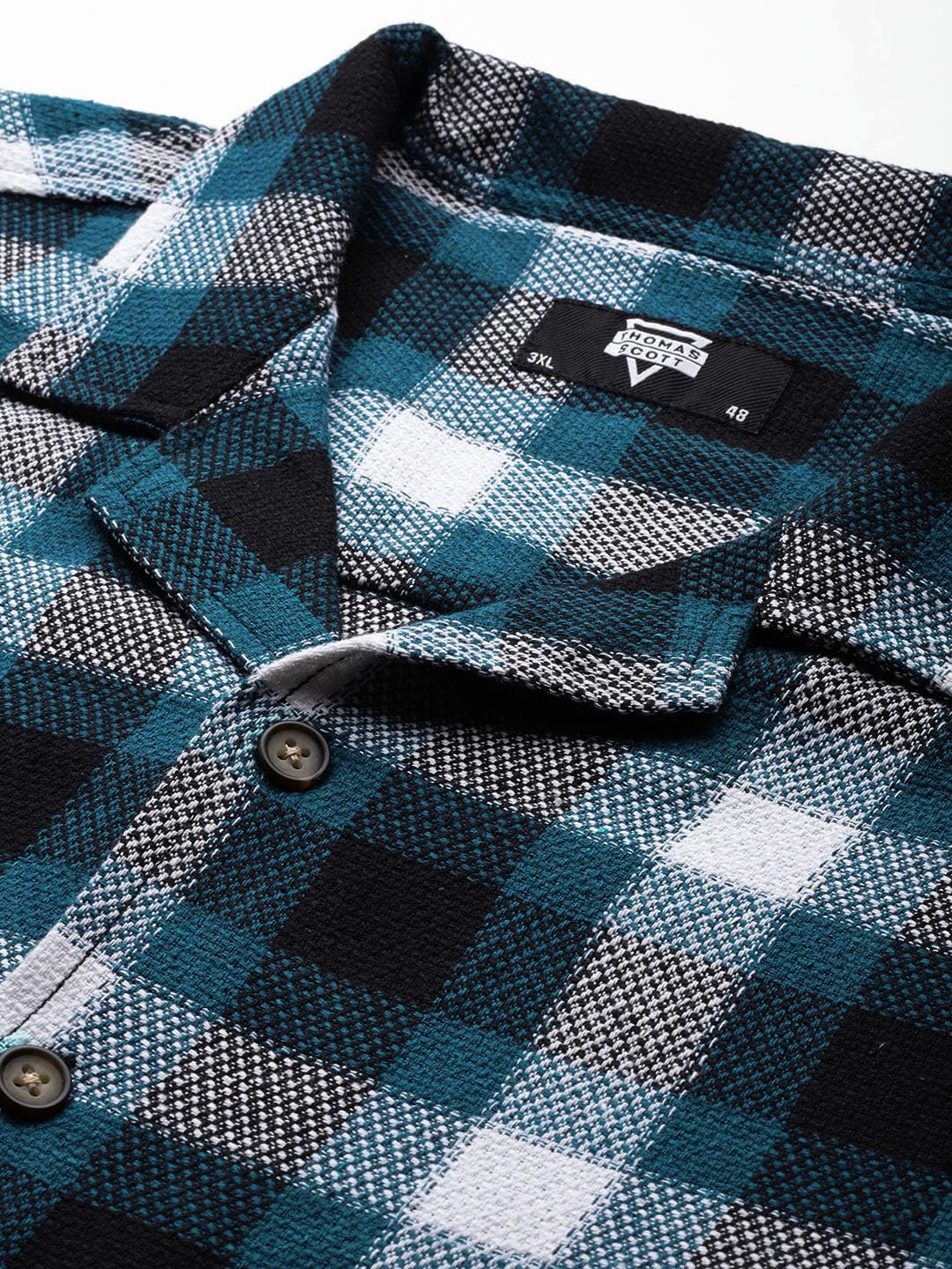 Thomas Scott Men | Short Sleeves | Regular Fit Plus Size | Windowpane Checks | 100% Cotton | Cuban Collar | Casual Shirt(TS1729_Teal_6XL)