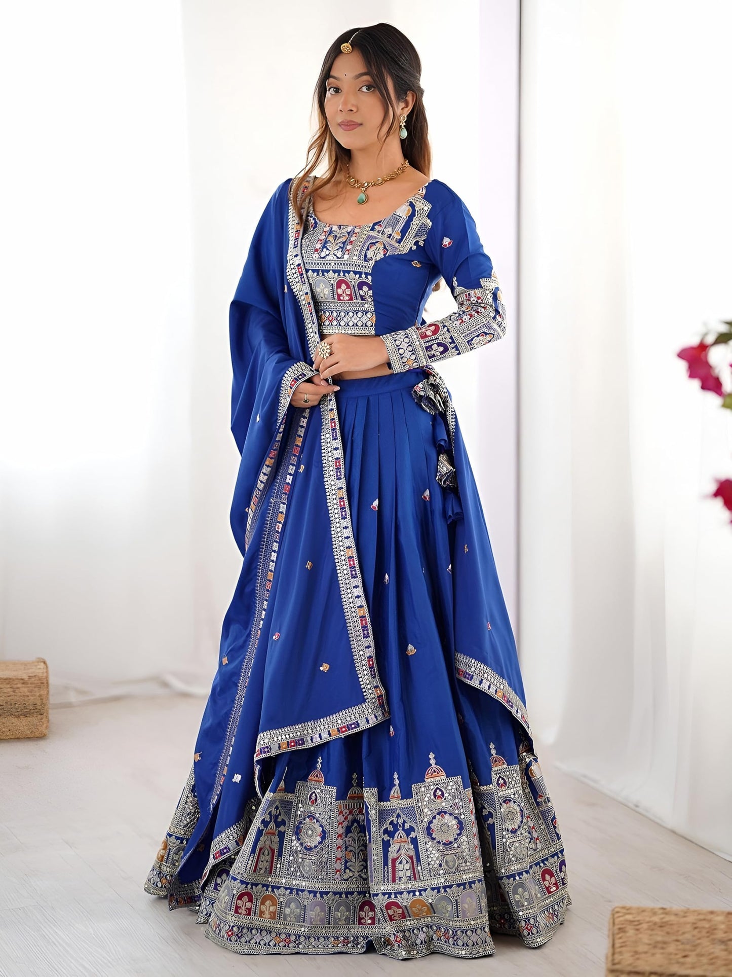 Zeel Clothing Women's Sequins Thread Embroidered French Crepe Lehenga Choli With Dupatta (5118-Royal-Blue-Women-Lehenga-Choli; Free size) (Royal Blue)
