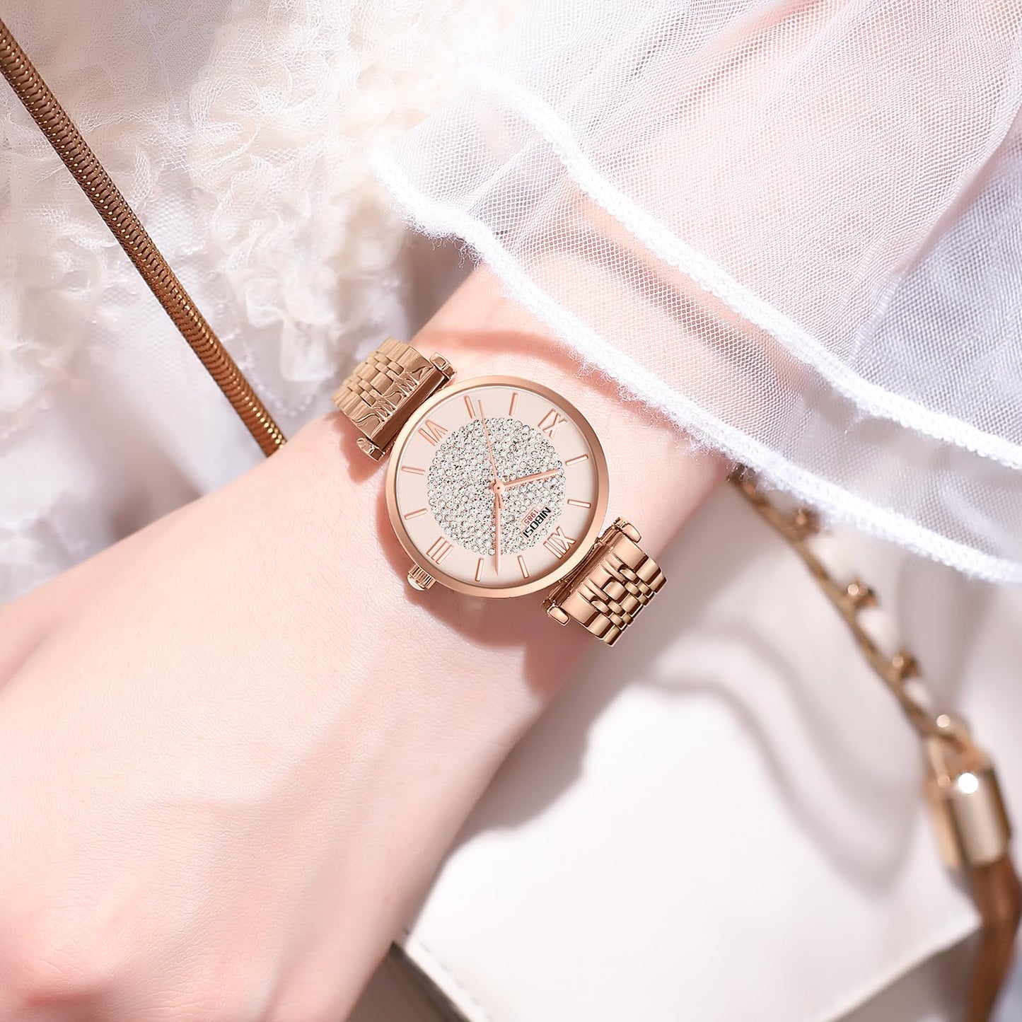 NIBOSI Stainless Steel Women's Analogue Wrist Watch - Rose Gold Dial With Stylish Diamond Studded Design for Girls, Ladies & Miss