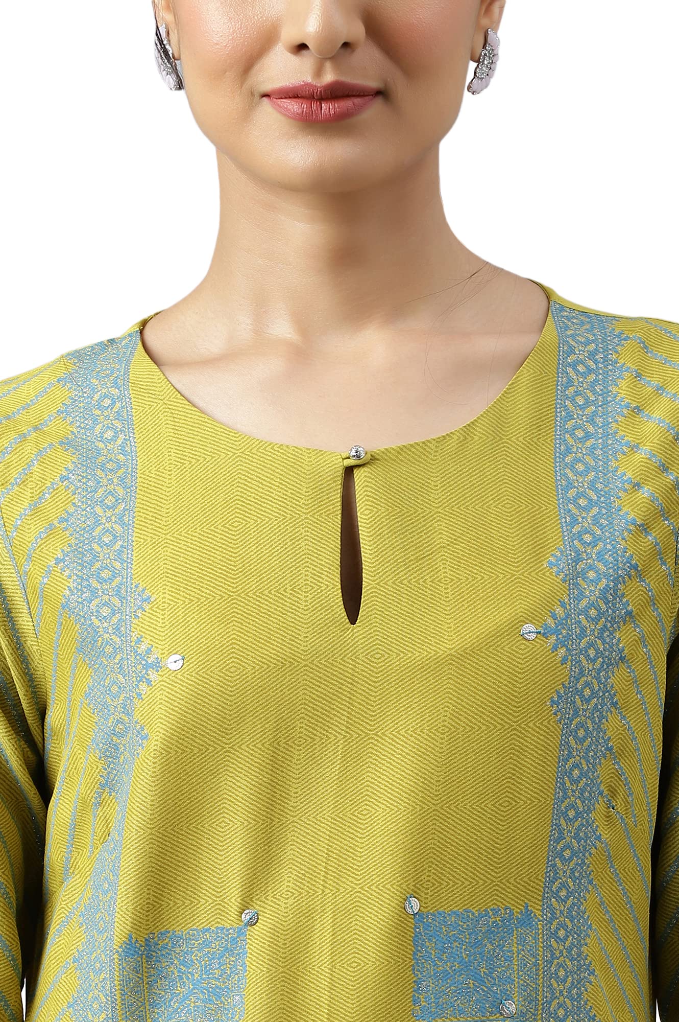 W for Woman Green Placement Print Embellished Kurta