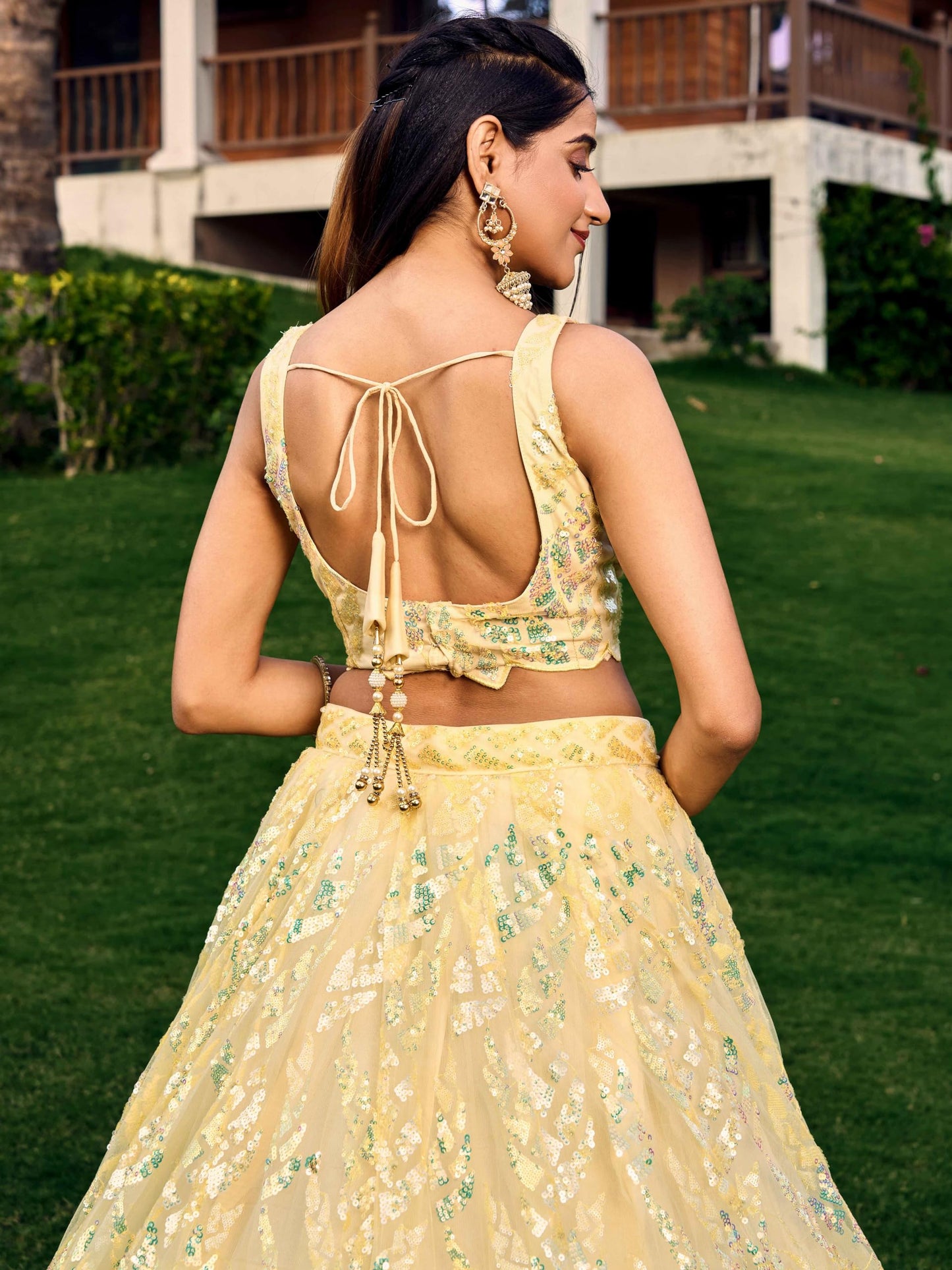 Zeel Clothing Women's Sequins Embroidered Net Semi-Stitched Lehenga and Choli Set (5101-Yellow-Womens-Lehenga-Choli-Latest; Free Size)