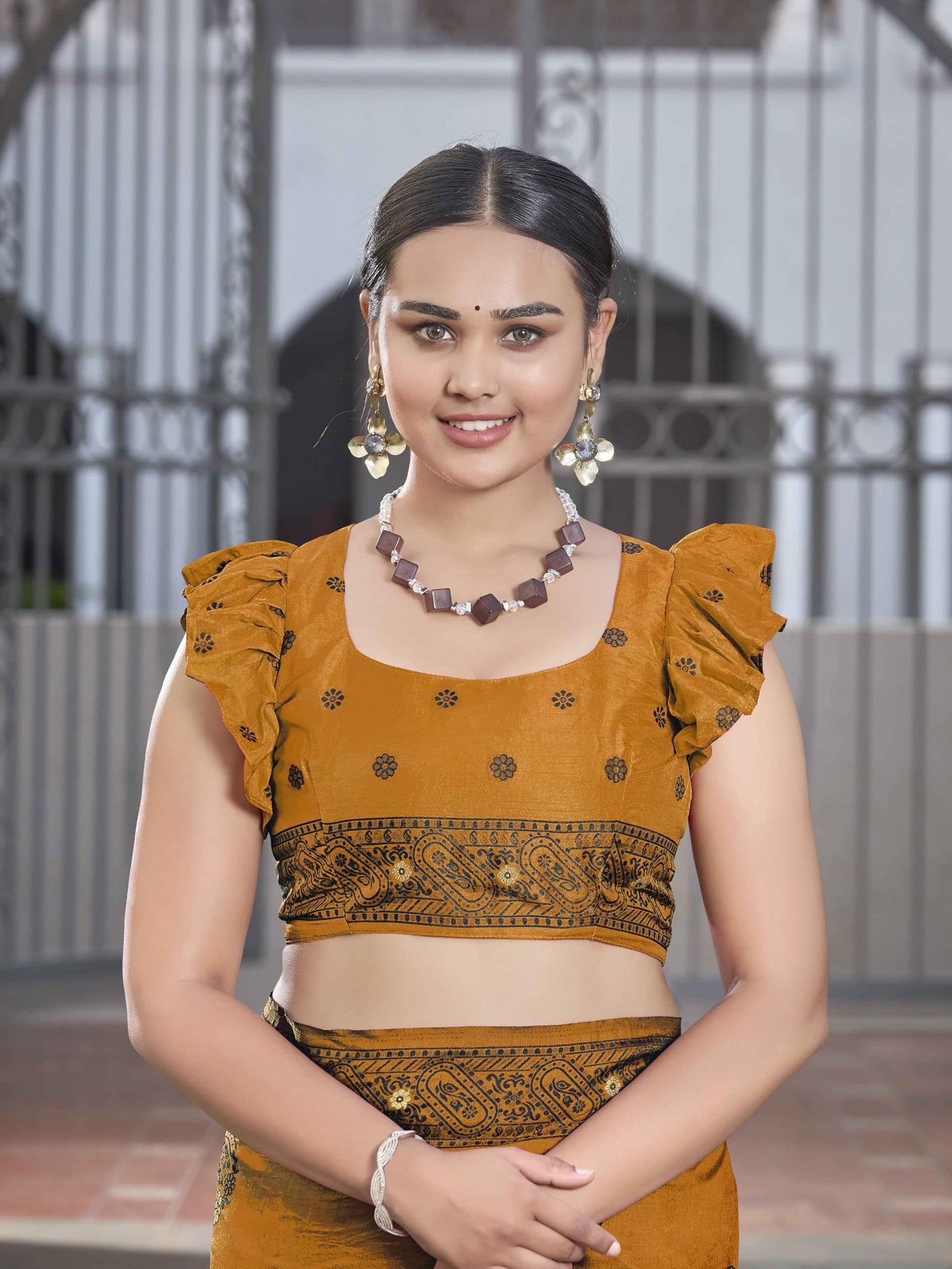 MANOHARI Womens Most Trendy Banarasi Woven Mustard Saree With Heavy Jacquard Work Saree With Blouse Piece